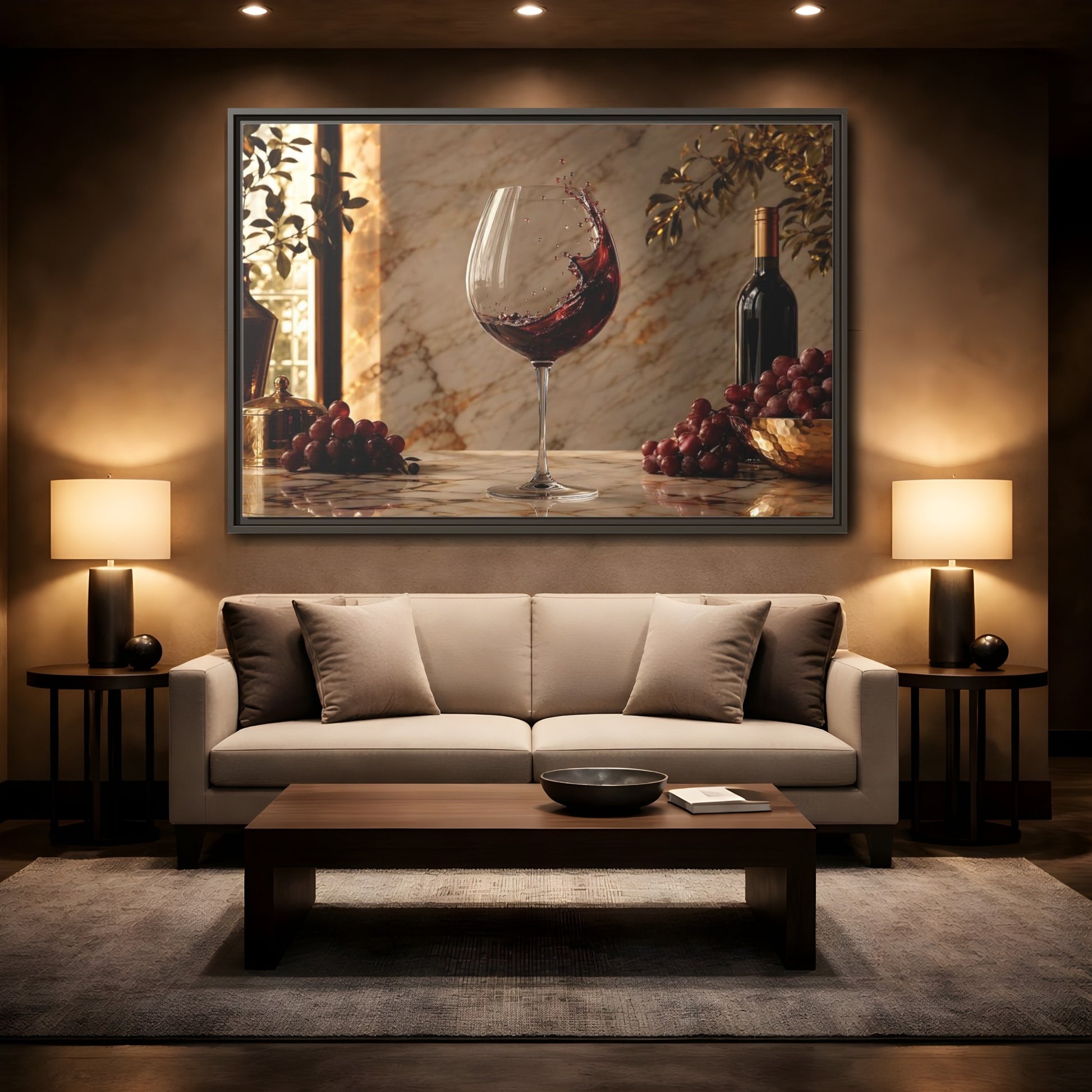 Mockup 2. Nature Red Wine Red Wine And Grapes shown as stretched canvas wall art