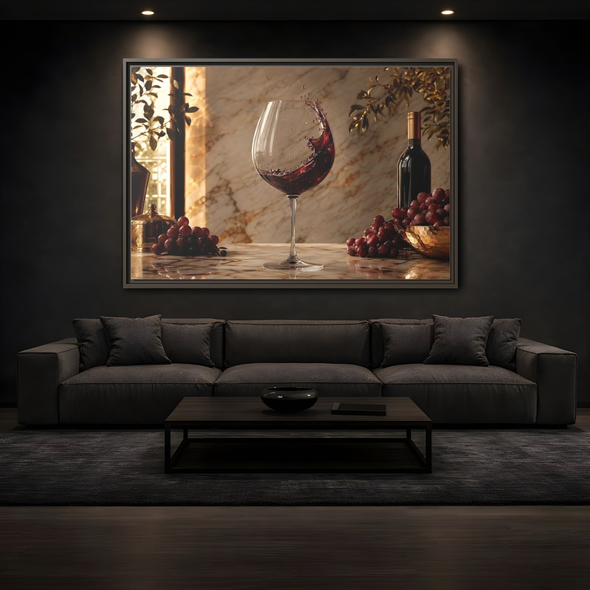 Mockup 3. Nature Red Wine Red Wine And Grapes shown as stretched canvas wall art