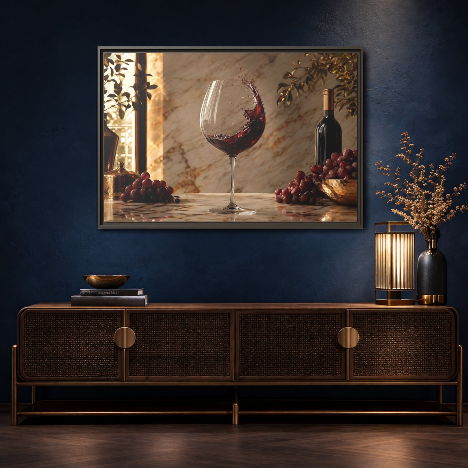 Mockup 4. Nature Red Wine Red Wine And Grapes shown as stretched canvas wall art