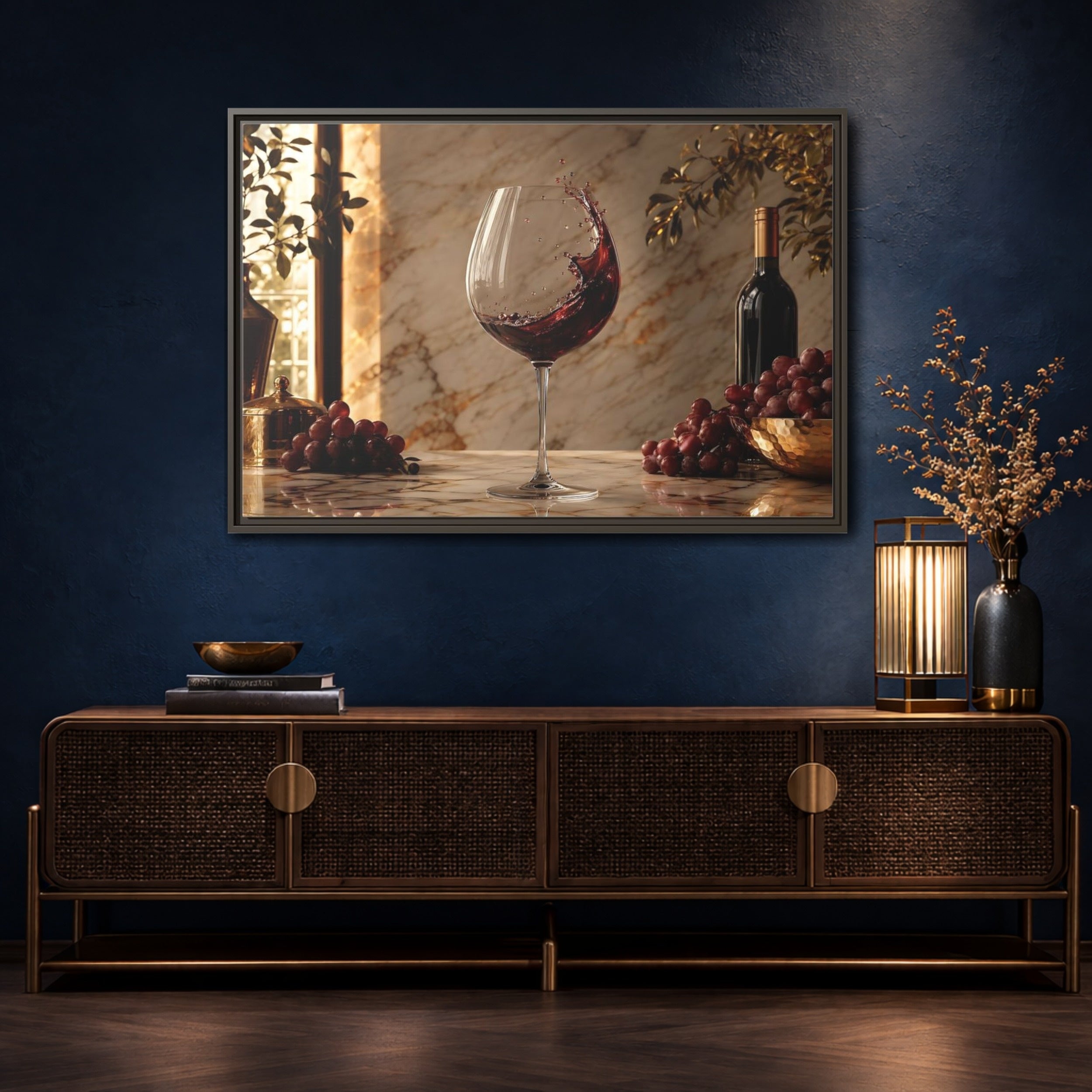Mockup 4. Nature Red Wine Red Wine And Grapes shown as stretched canvas wall art