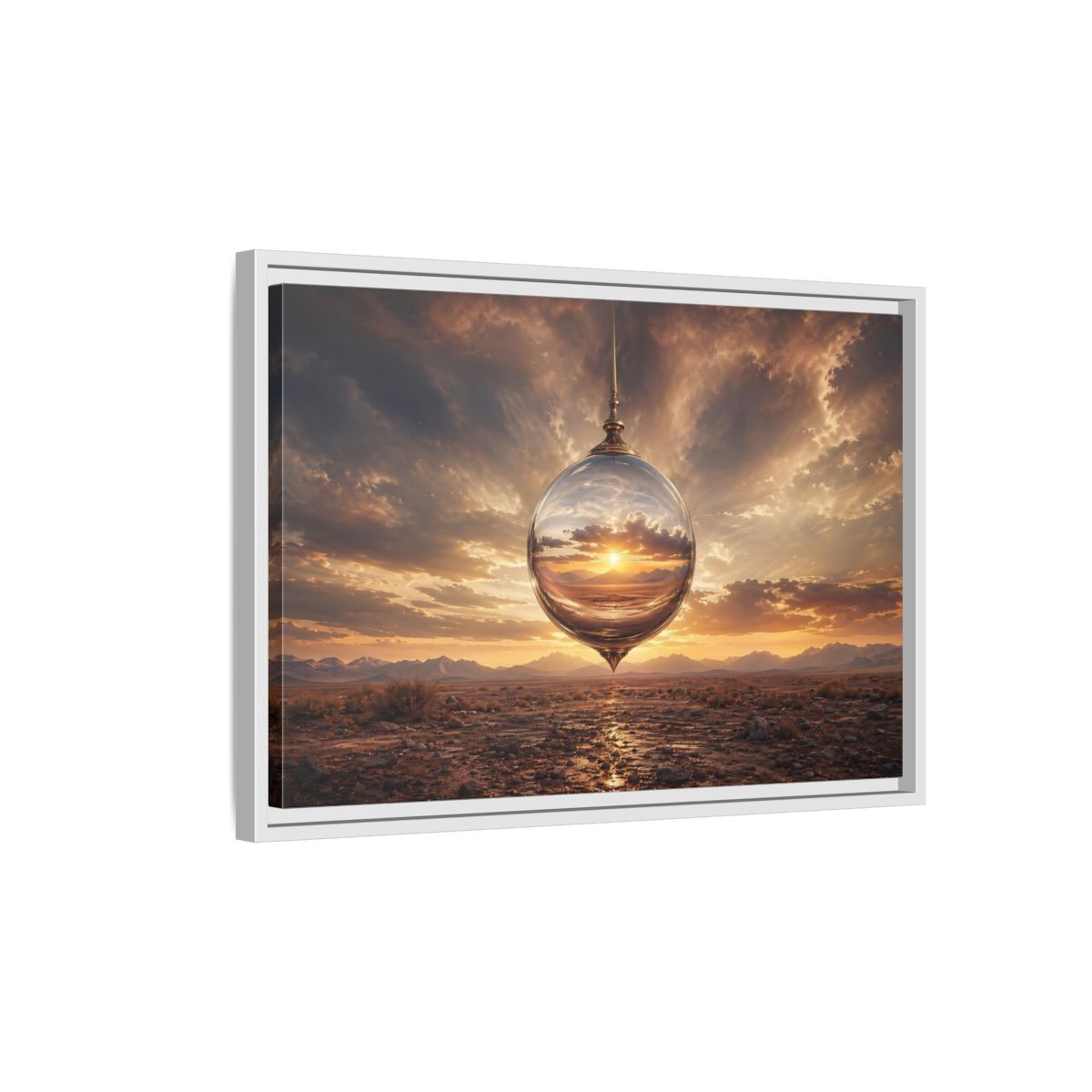 Side Mockup 1. Nature Reflective Sphere Desert Sunset shown as stretched canvas wall art