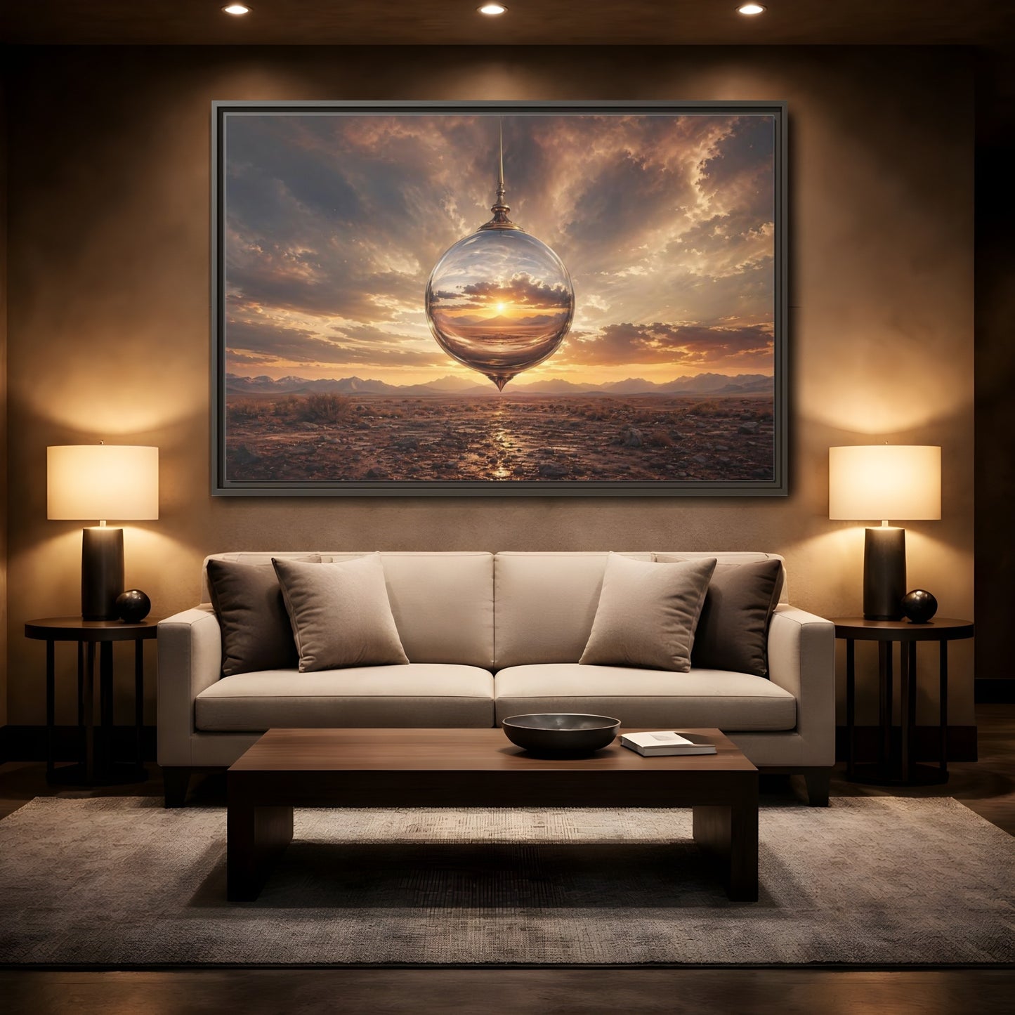 Mockup 2. Nature Reflective Sphere Desert Sunset shown as stretched canvas wall art