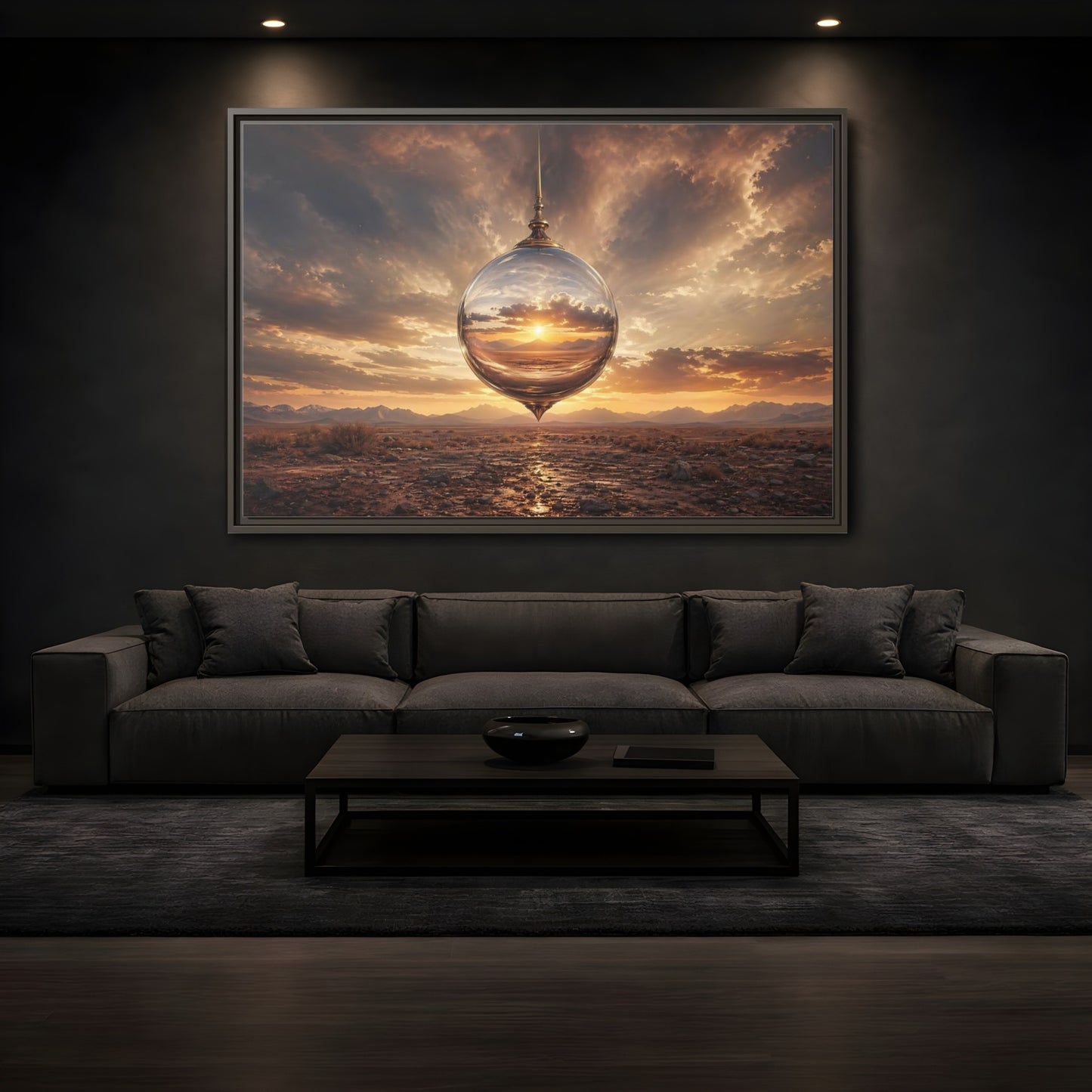 Mockup 3. Nature Reflective Sphere Desert Sunset shown as stretched canvas wall art