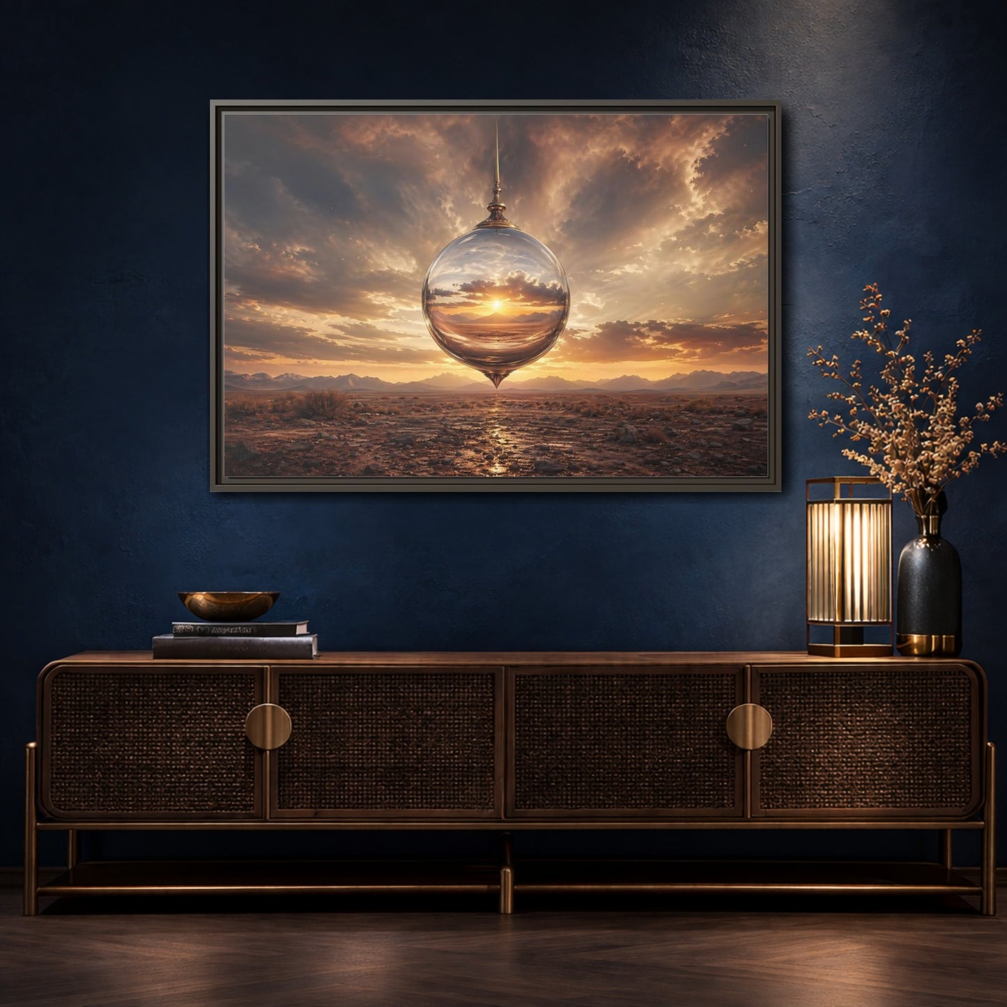Mockup 4. Nature Reflective Sphere Desert Sunset shown as stretched canvas wall art