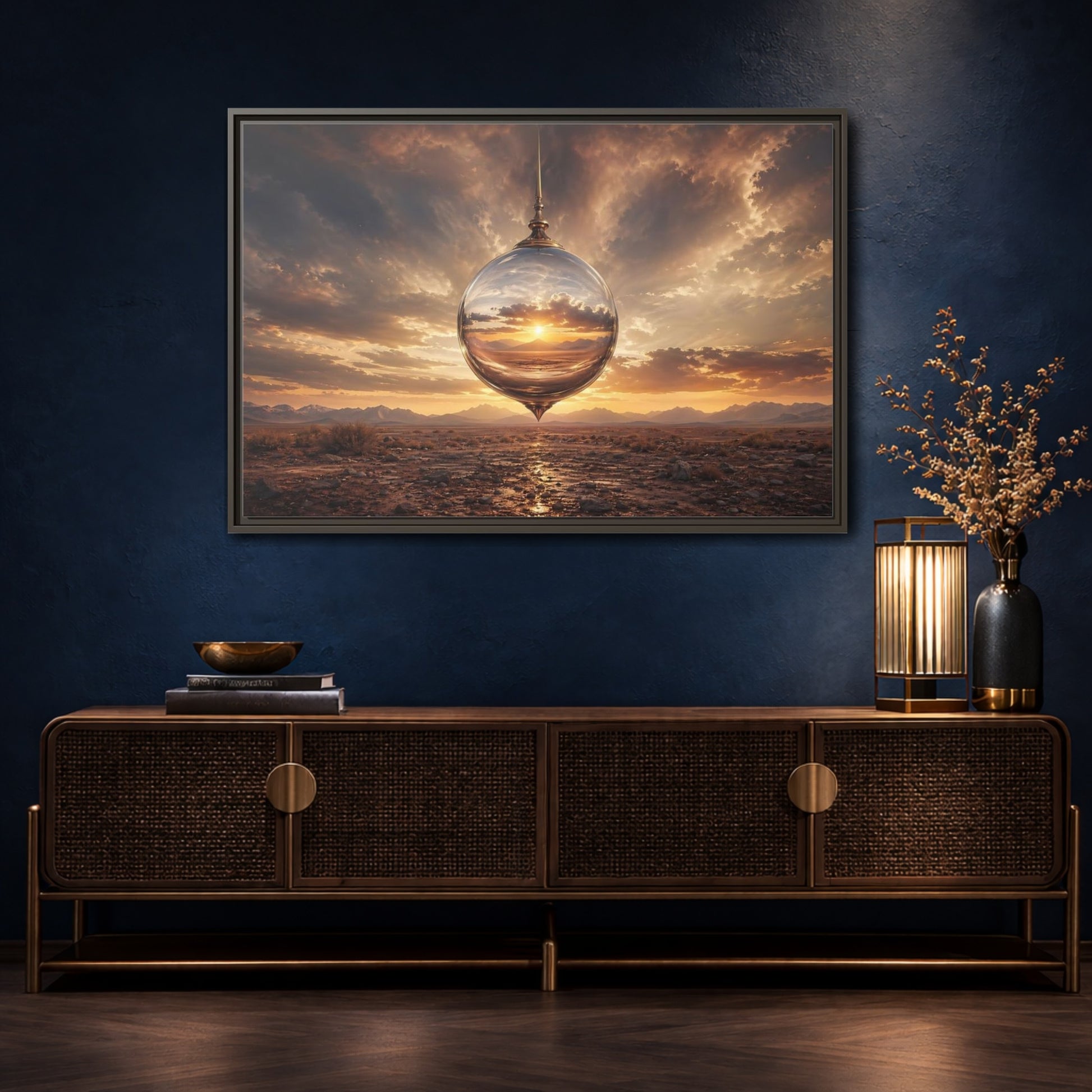 Mockup 4. Nature Reflective Sphere Desert Sunset shown as stretched canvas wall art