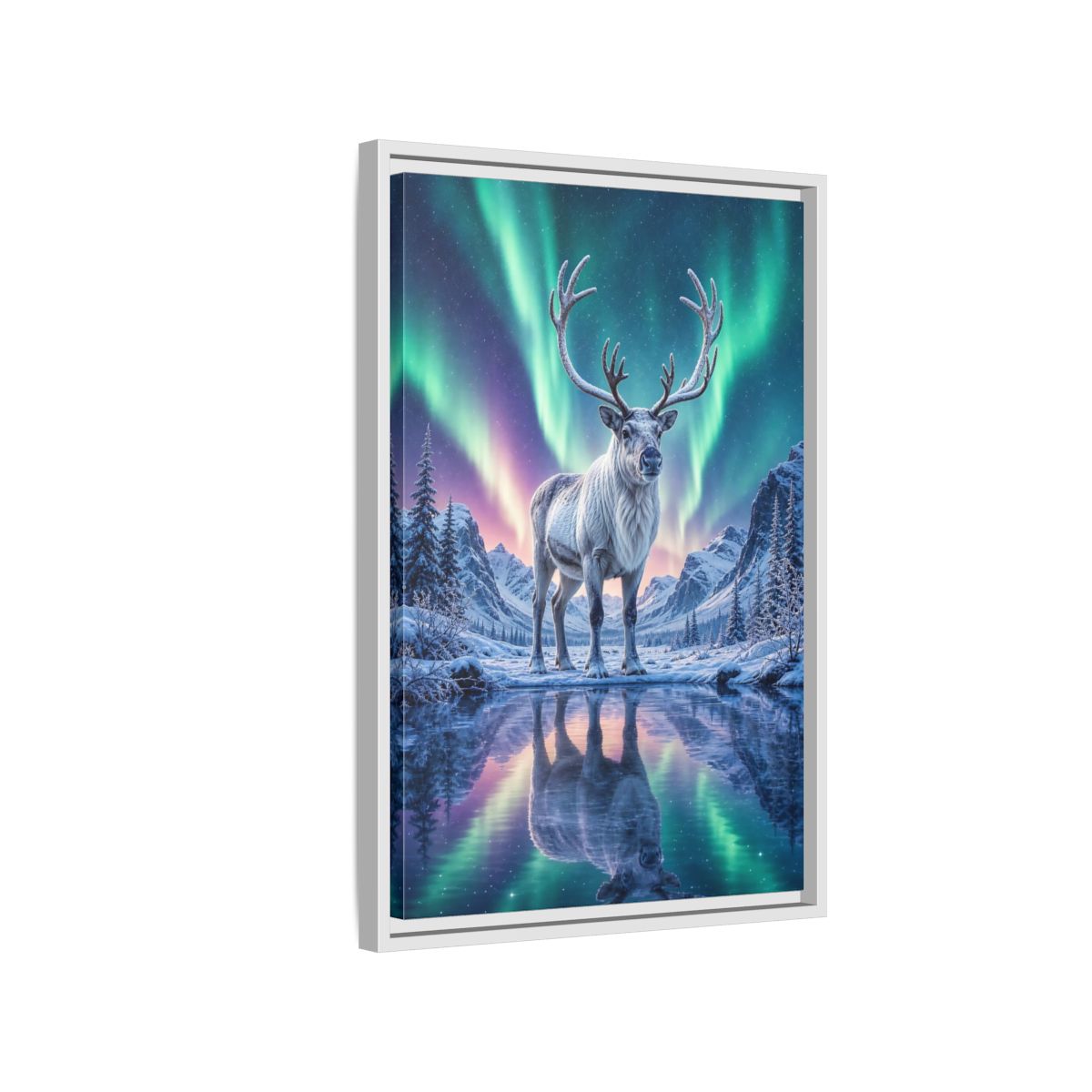Nature Reindeer Aurora Framed Canvas Wall Art - Living Room, Above Sofa shown as canvas wall art
