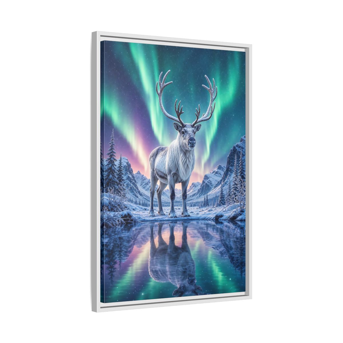 Nature Reindeer Aurora Framed Canvas Wall Art - Living Room, Above Sofa shown as canvas wall art