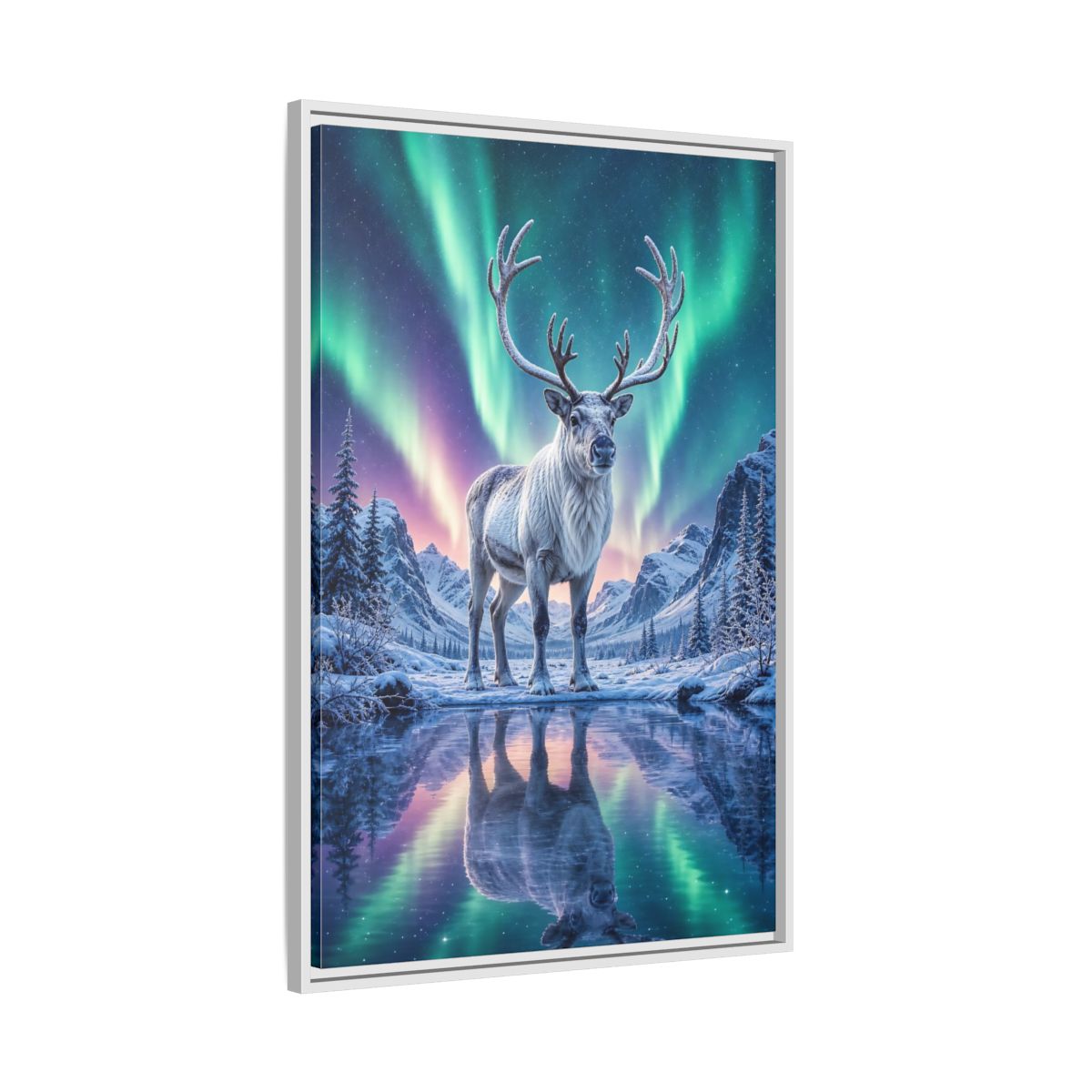 Nature Reindeer Aurora Framed Canvas Wall Art - Living Room, Above Sofa shown as canvas wall art