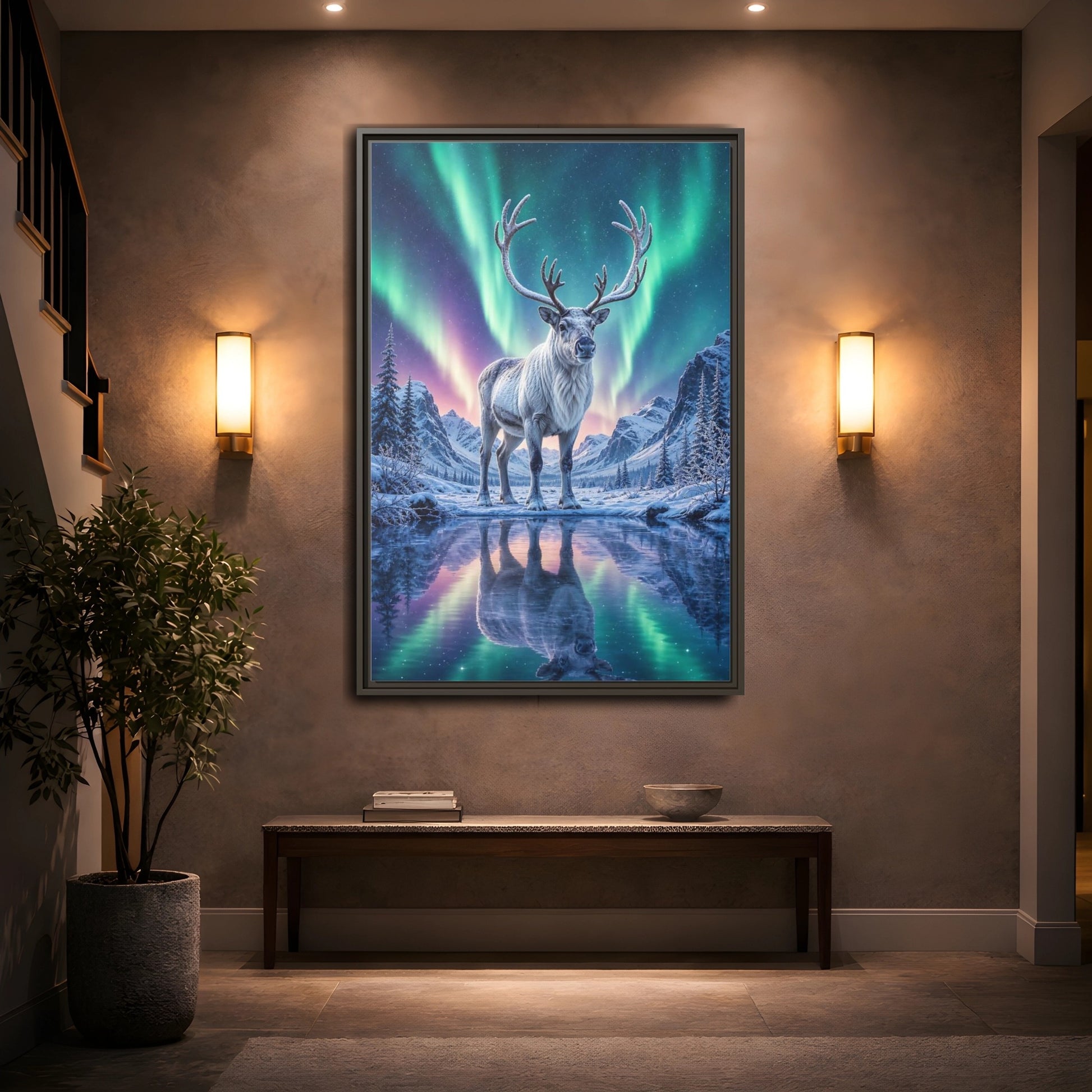 Nature Reindeer Aurora Framed Canvas Wall Art - Living Room, Above Sofa shown as canvas wall art