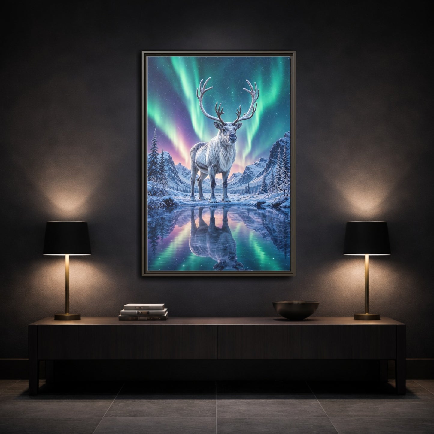 Nature Reindeer Aurora Framed Canvas Wall Art - Living Room, Above Sofa shown as canvas wall art