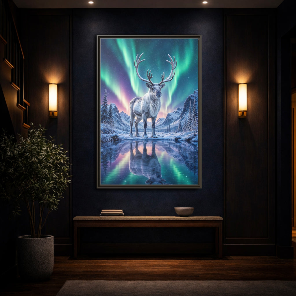 Mockup 4. Nature Reindeer Aurora Reindeer shown as stretched canvas wall art