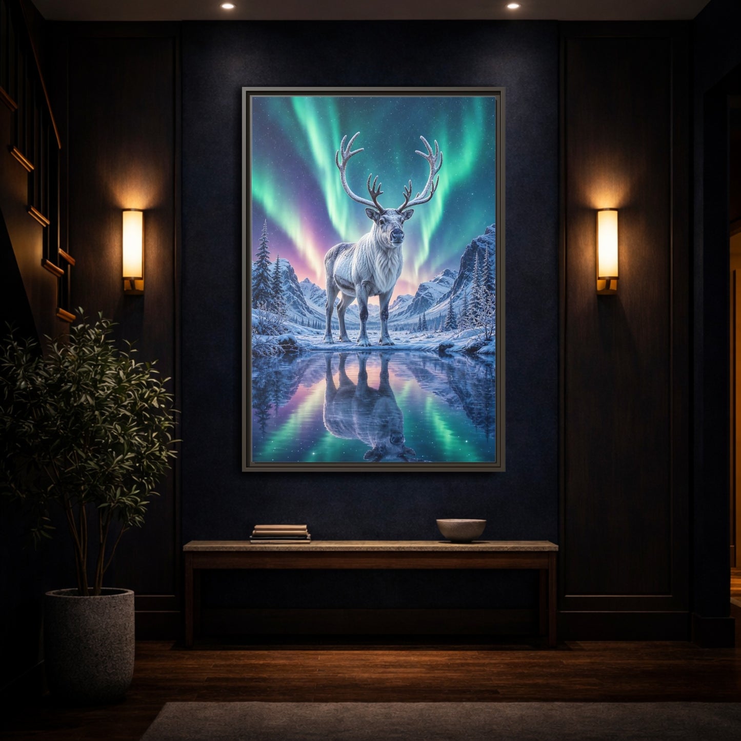 Nature Reindeer Aurora Framed Canvas Wall Art - Living Room, Above Sofa shown as canvas wall art