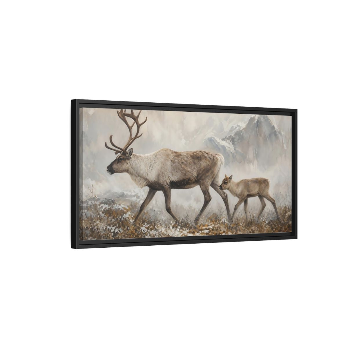 Side Mockup 2. Nature Reindeer Brown And Grey shown as stretched canvas wall art