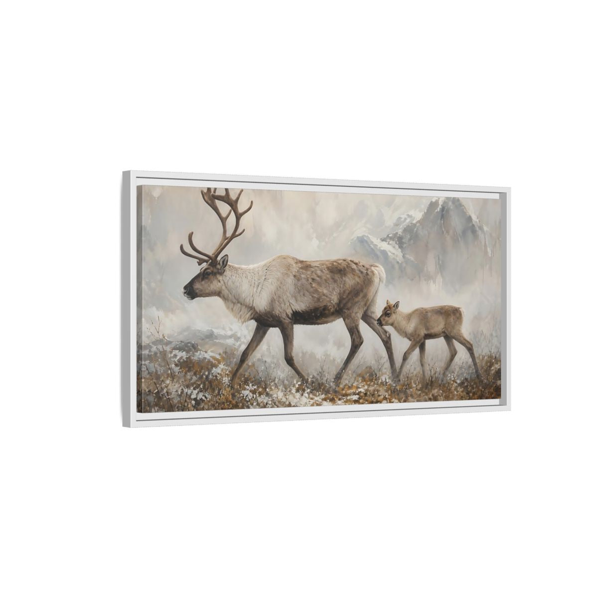 Side Mockup 1. Nature Reindeer Brown And Grey shown as stretched canvas wall art