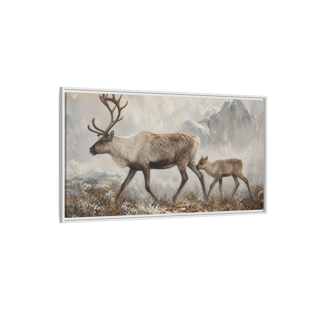 Side Mockup 3. Nature Reindeer Brown And Grey shown as stretched canvas wall art