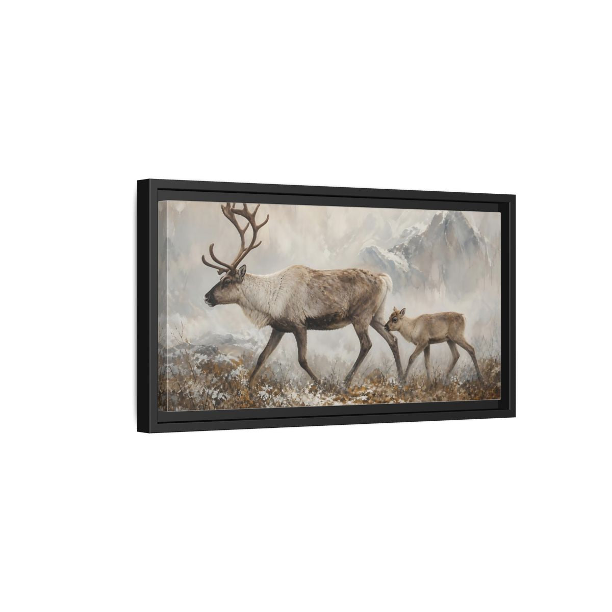 Side Mockup 8. Nature Reindeer Brown And Grey shown as stretched canvas wall art