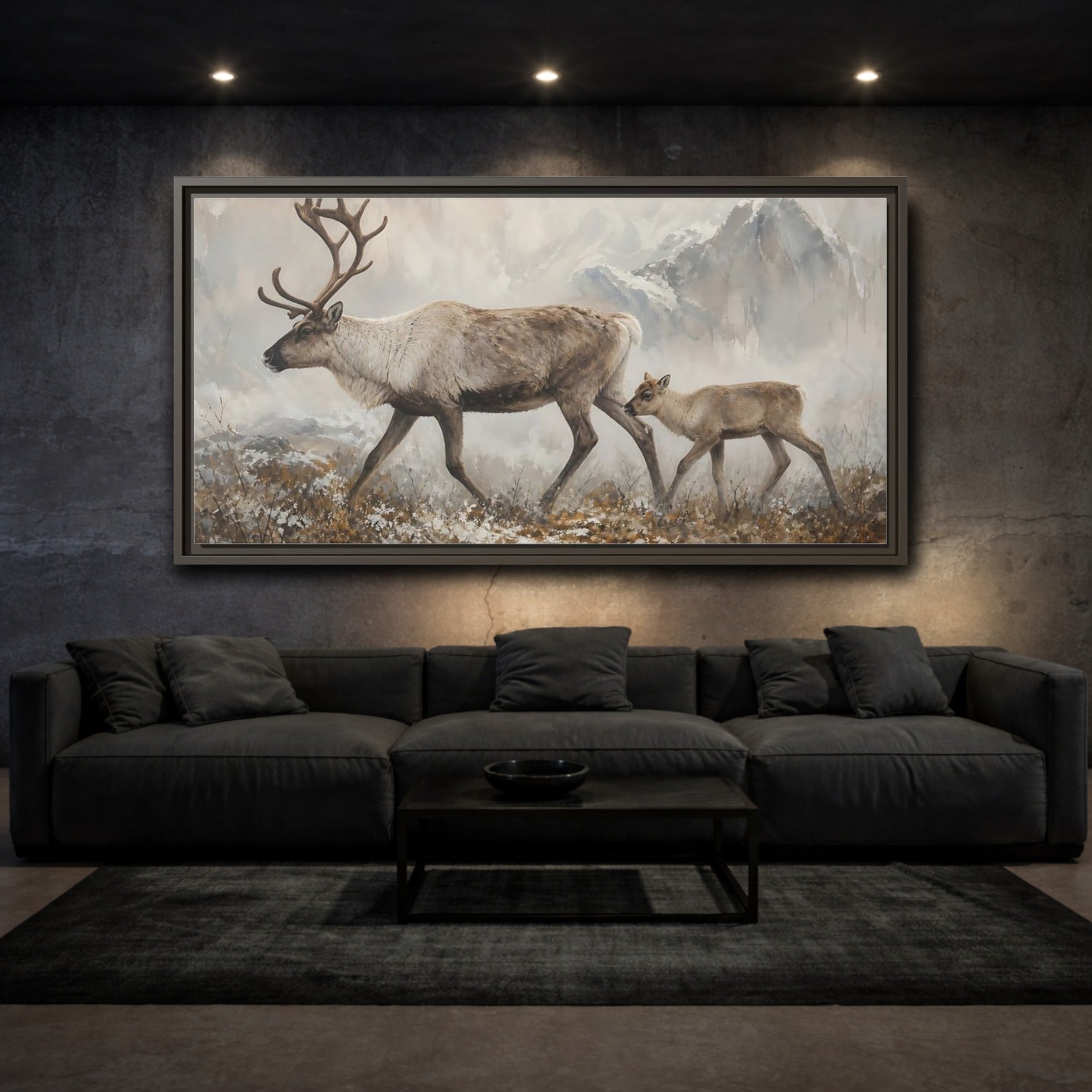 Mockup 2. Nature Reindeer Brown And Grey shown as stretched canvas wall art