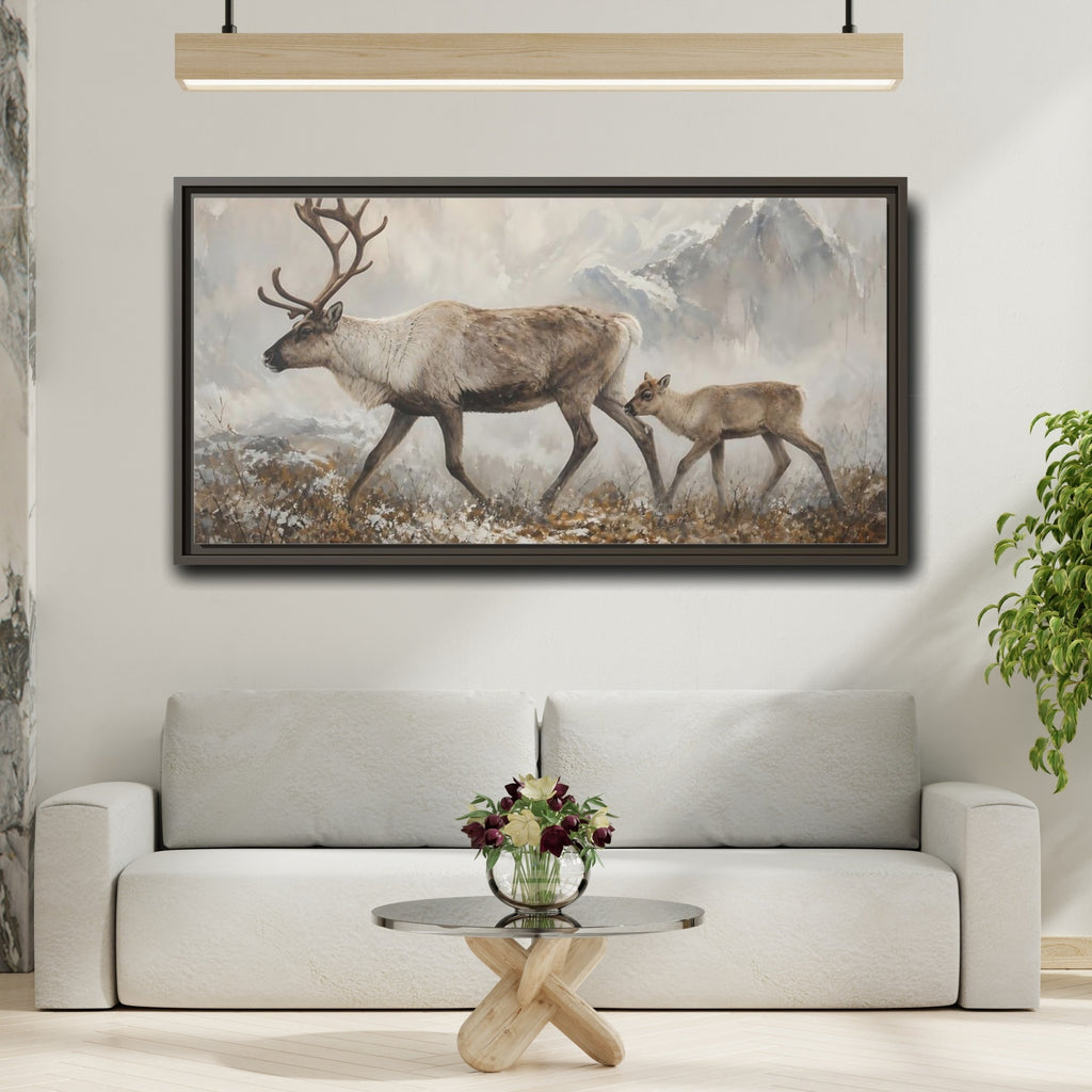 Mockup 3. Nature Reindeer Brown And Grey shown as stretched canvas wall art