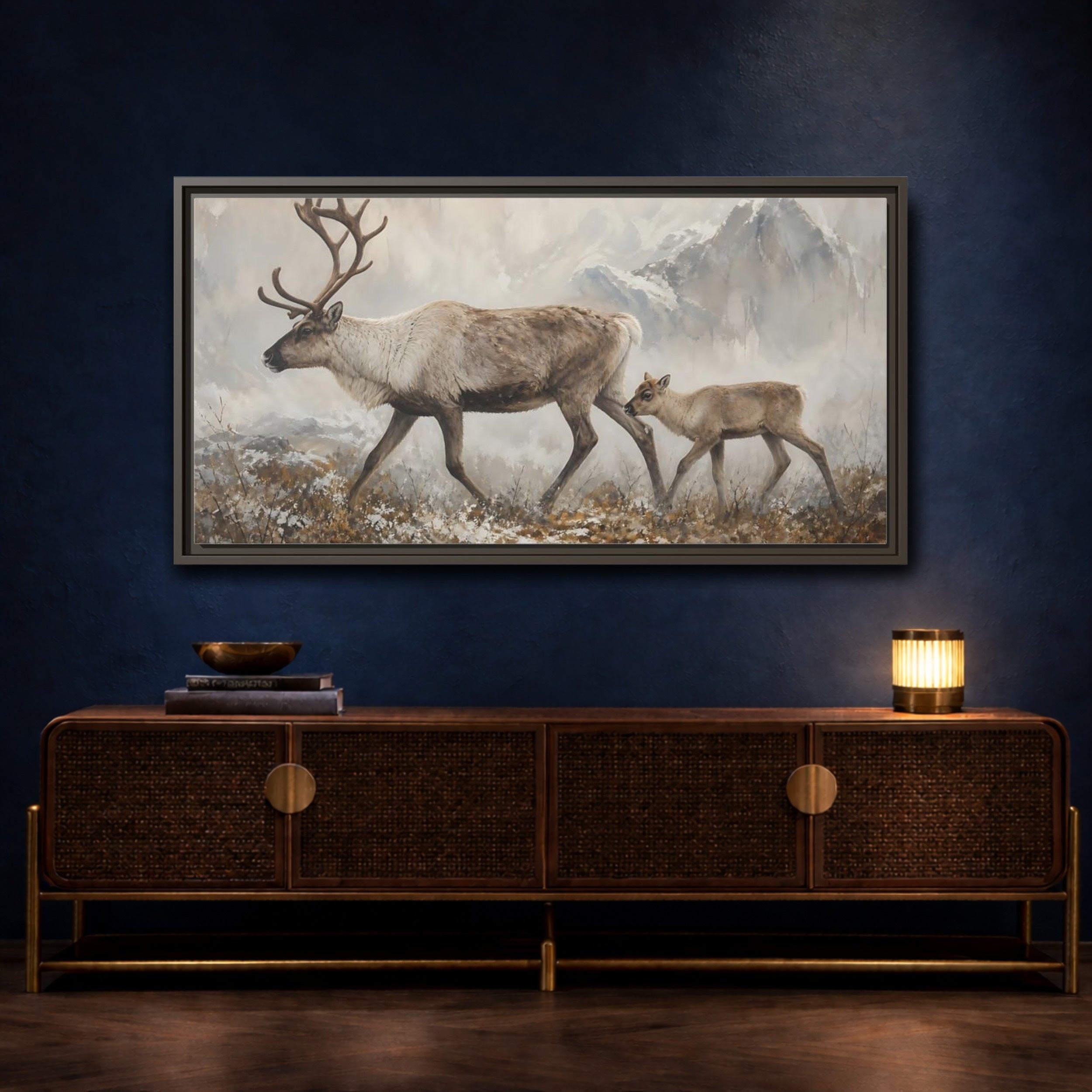 Mockup 4. Nature Reindeer Brown And Grey shown as stretched canvas wall art