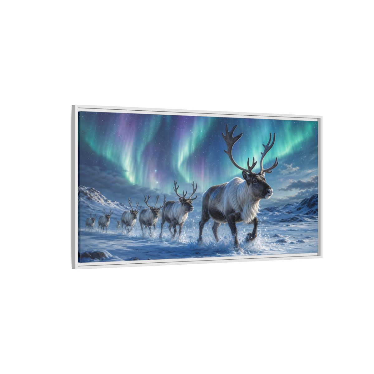 Side Mockup 3. Nature Reindeer Herd Aurora Reindeer Herd shown as stretched canvas wall art