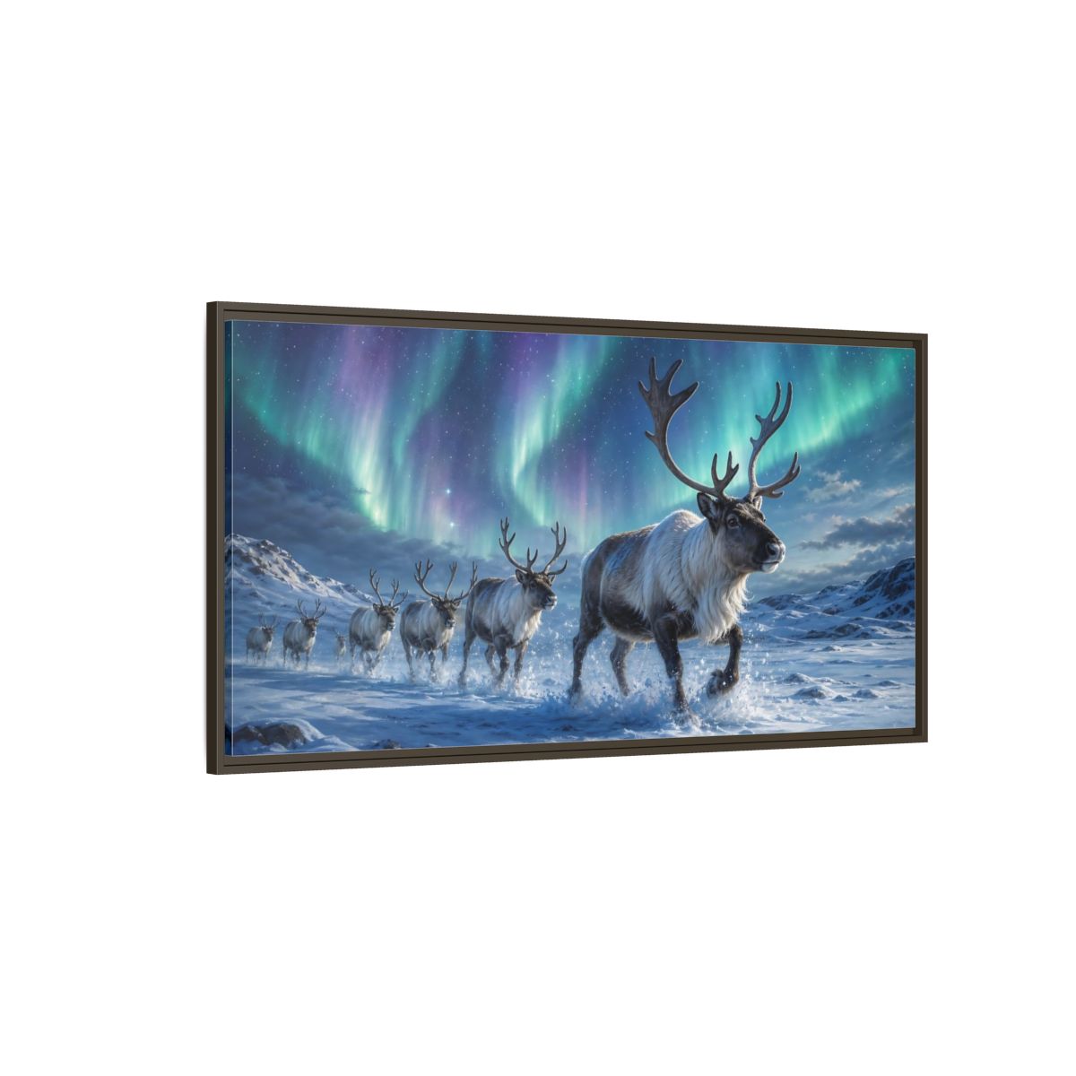 Side Mockup 4. Nature Reindeer Herd Aurora Reindeer Herd shown as stretched canvas wall art