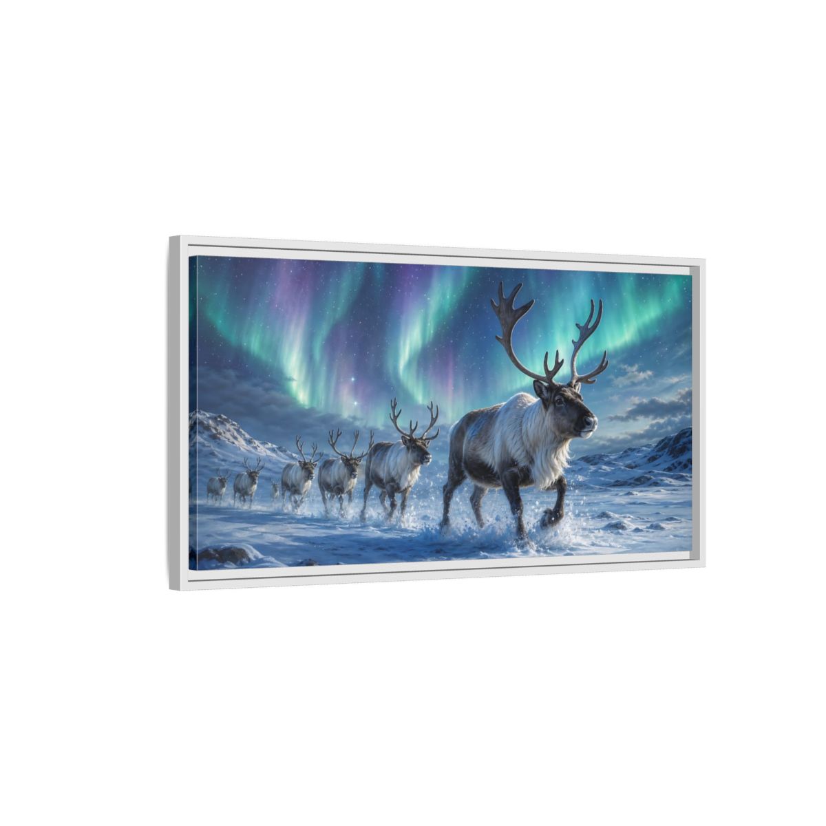 Side Mockup 1. Nature Reindeer Herd Aurora Reindeer Herd shown as stretched canvas wall art