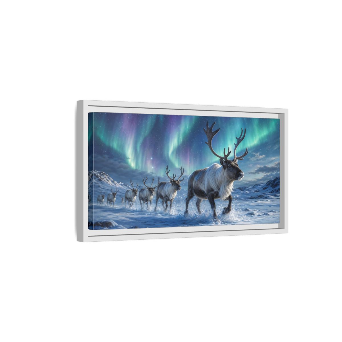 Side Mockup 6. Nature Reindeer Herd Aurora Reindeer Herd shown as stretched canvas wall art