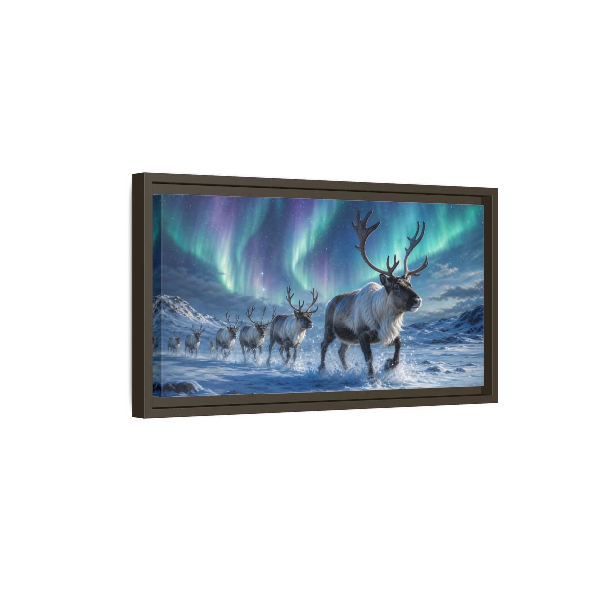 Side Mockup 7. Nature Reindeer Herd Aurora Reindeer Herd shown as stretched canvas wall art