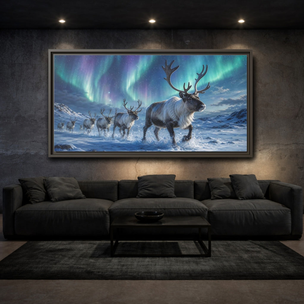 Mockup 3. Nature Reindeer Herd Aurora Reindeer Herd shown as stretched canvas wall art