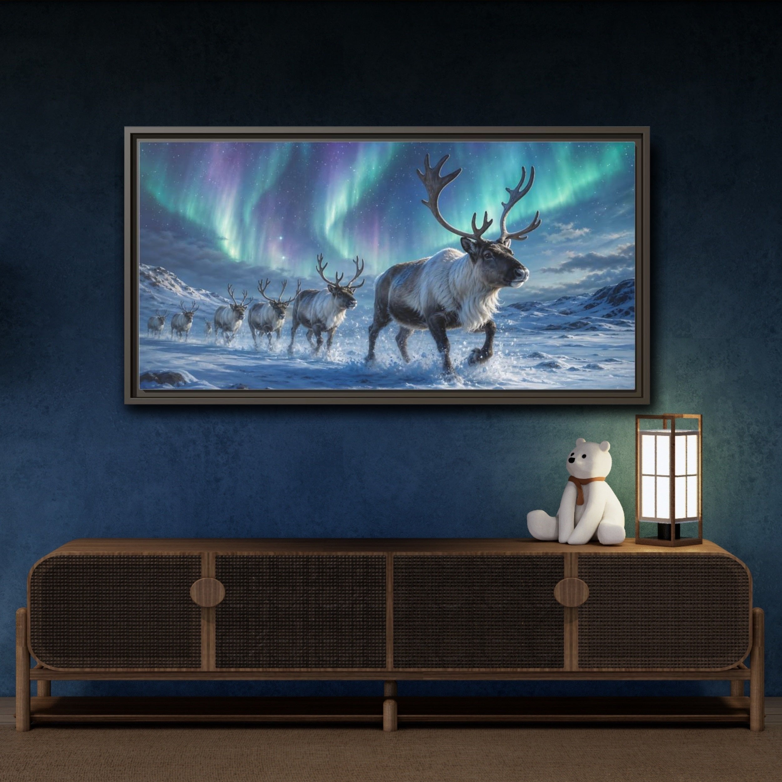 Mockup 4. Nature Reindeer Herd Aurora Reindeer Herd shown as stretched canvas wall art