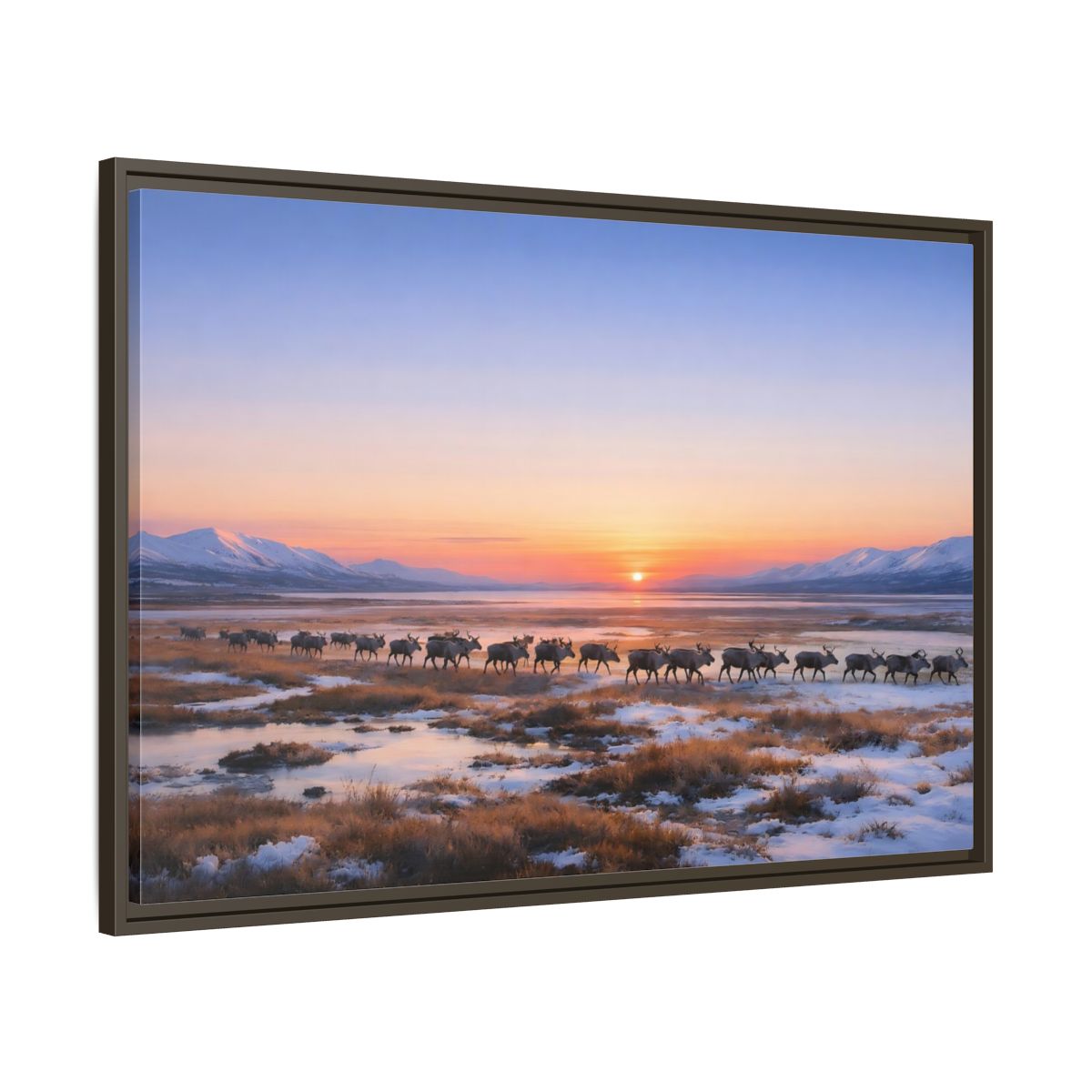 Main Mockup. Nature Reindeer Reindeer Sunset Winter shown as stretched canvas wall art