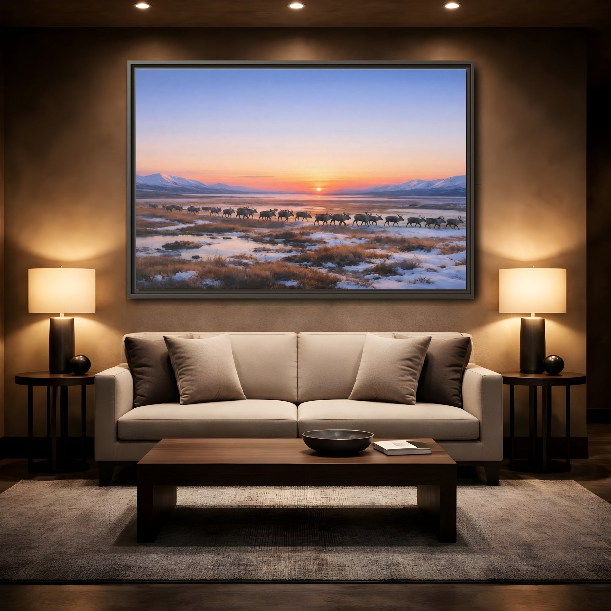 Mockup 2. Nature Reindeer Reindeer Sunset Winter shown as stretched canvas wall art