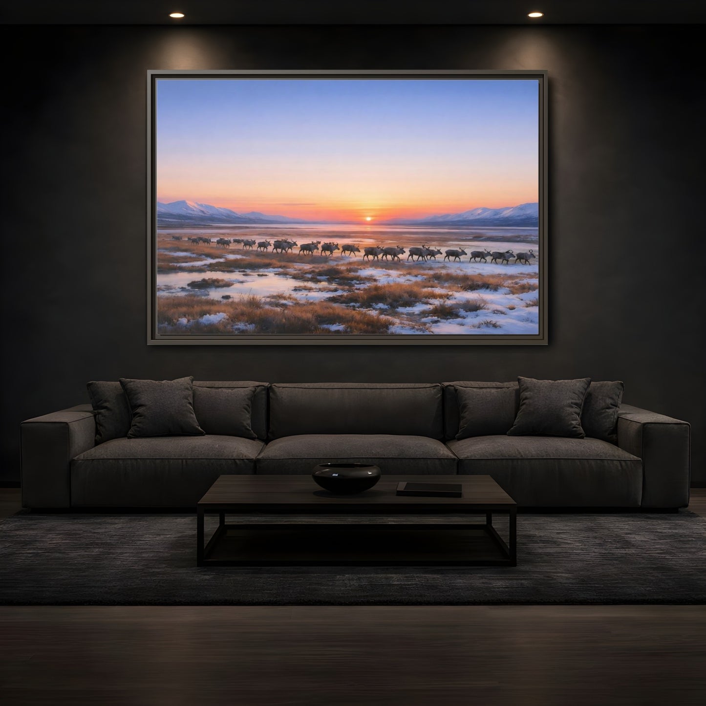 Mockup 3. Nature Reindeer Reindeer Sunset Winter shown as stretched canvas wall art