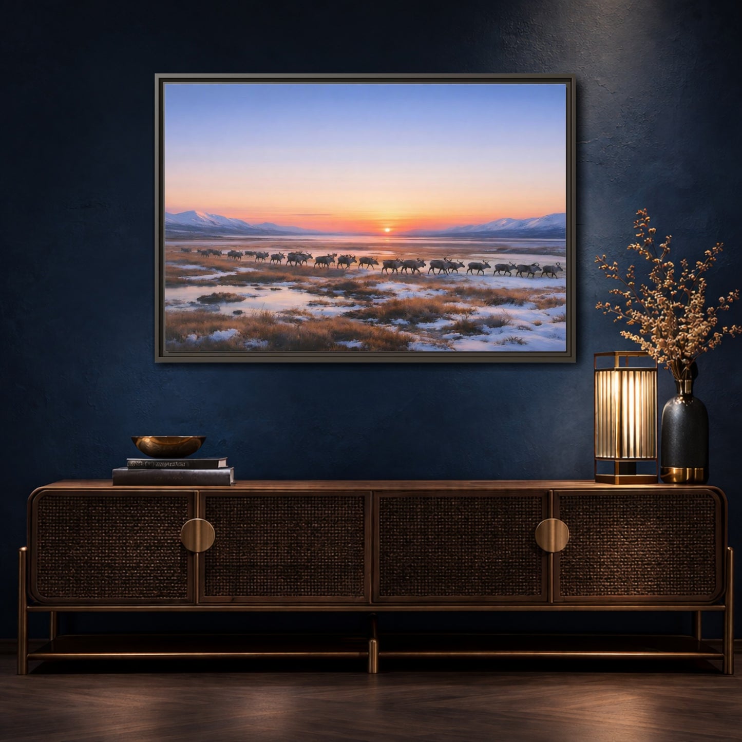 Mockup 4. Nature Reindeer Reindeer Sunset Winter shown as stretched canvas wall art
