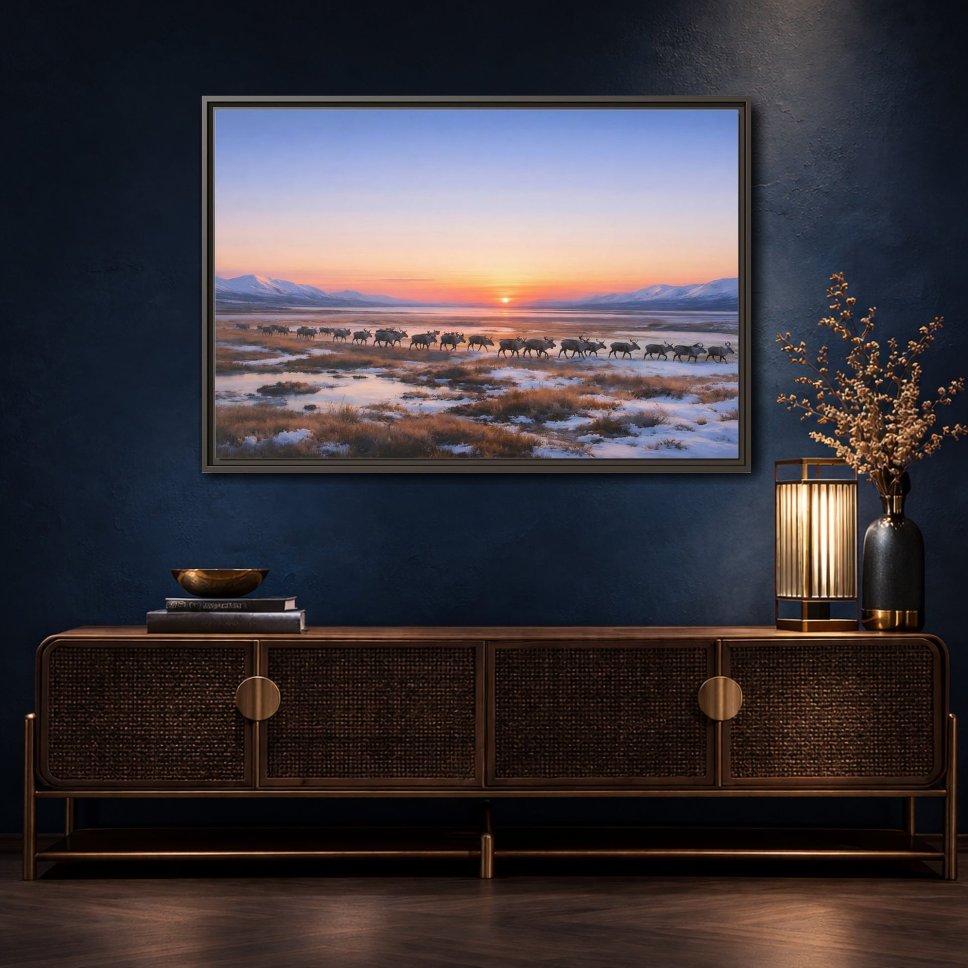 Mockup 4. Nature Reindeer Reindeer Sunset Winter shown as stretched canvas wall art
