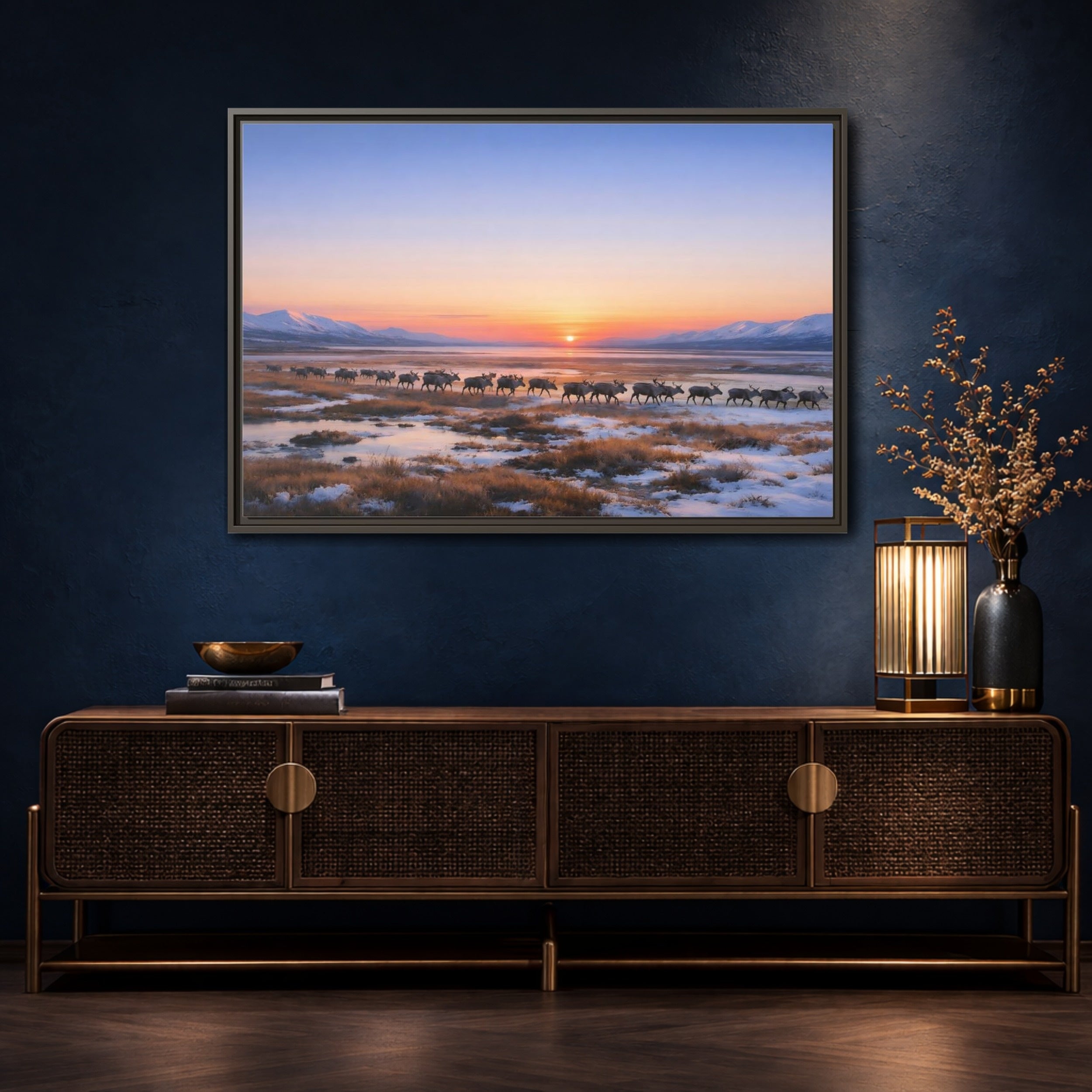 Mockup 4. Nature Reindeer Reindeer Sunset Winter shown as stretched canvas wall art