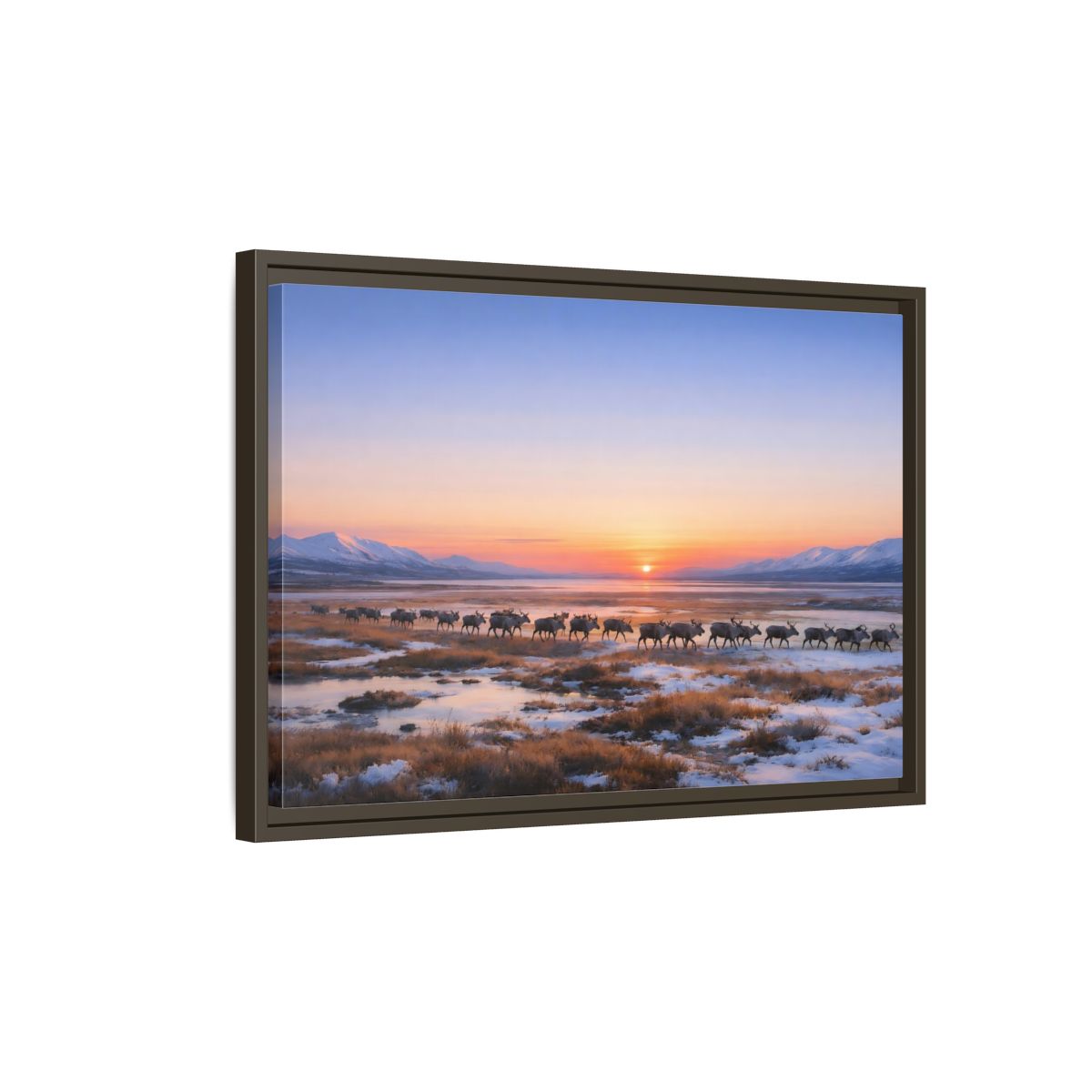 Side Mockup 2. Nature Reindeer Reindeer Sunset Winter shown as stretched canvas wall art