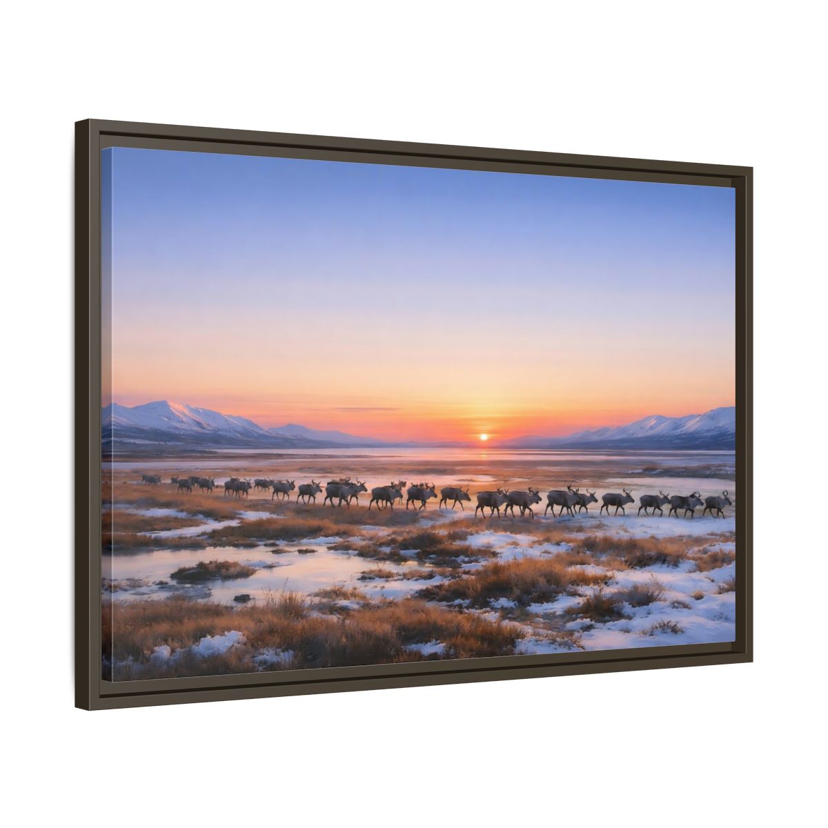 Side Mockup 11. Nature Reindeer Reindeer Sunset Winter shown as stretched canvas wall art