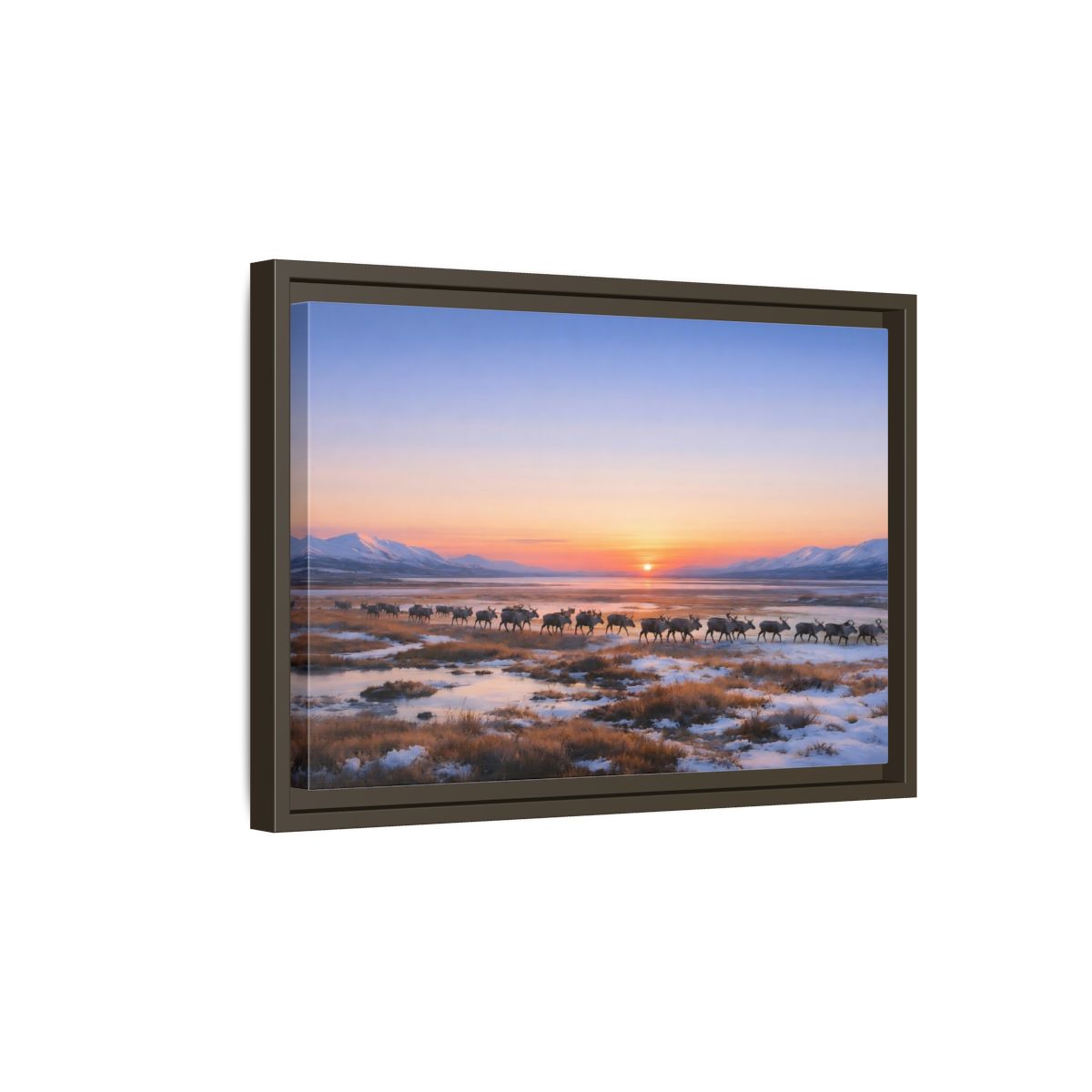 Side Mockup 5. Nature Reindeer Reindeer Sunset Winter shown as stretched canvas wall art
