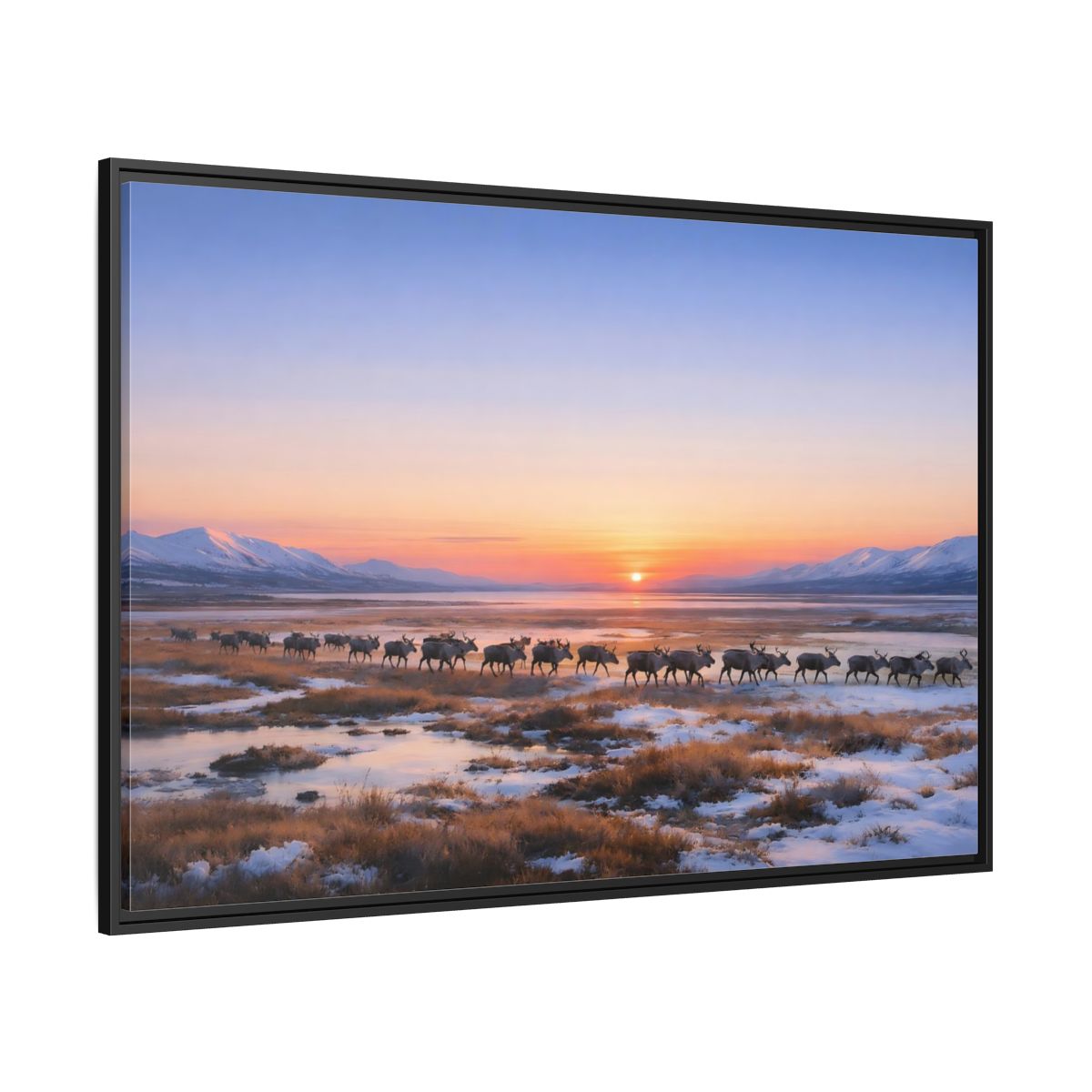 Side Mockup 12. Nature Reindeer Reindeer Sunset Winter shown as stretched canvas wall art