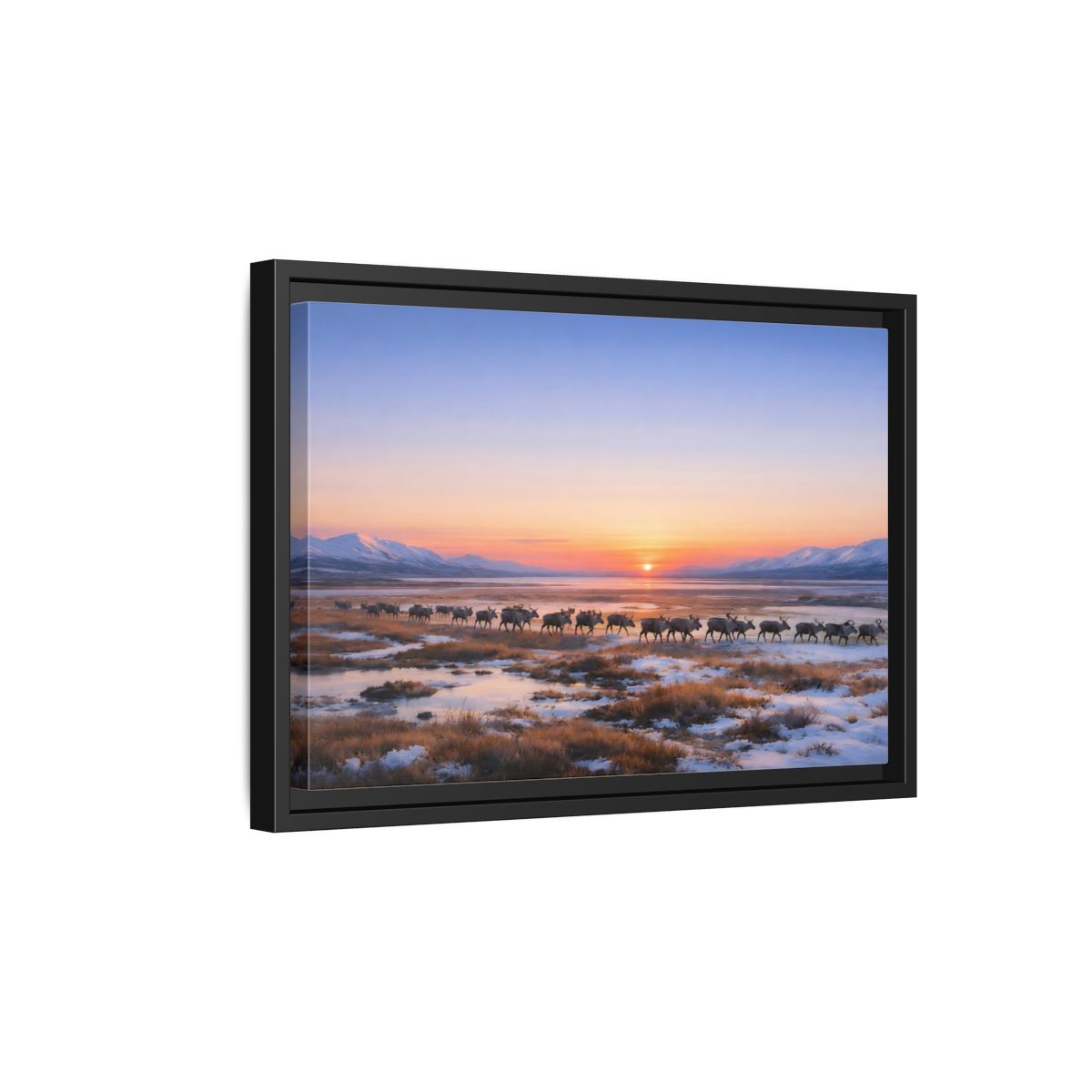 Side Mockup 6. Nature Reindeer Reindeer Sunset Winter shown as stretched canvas wall art