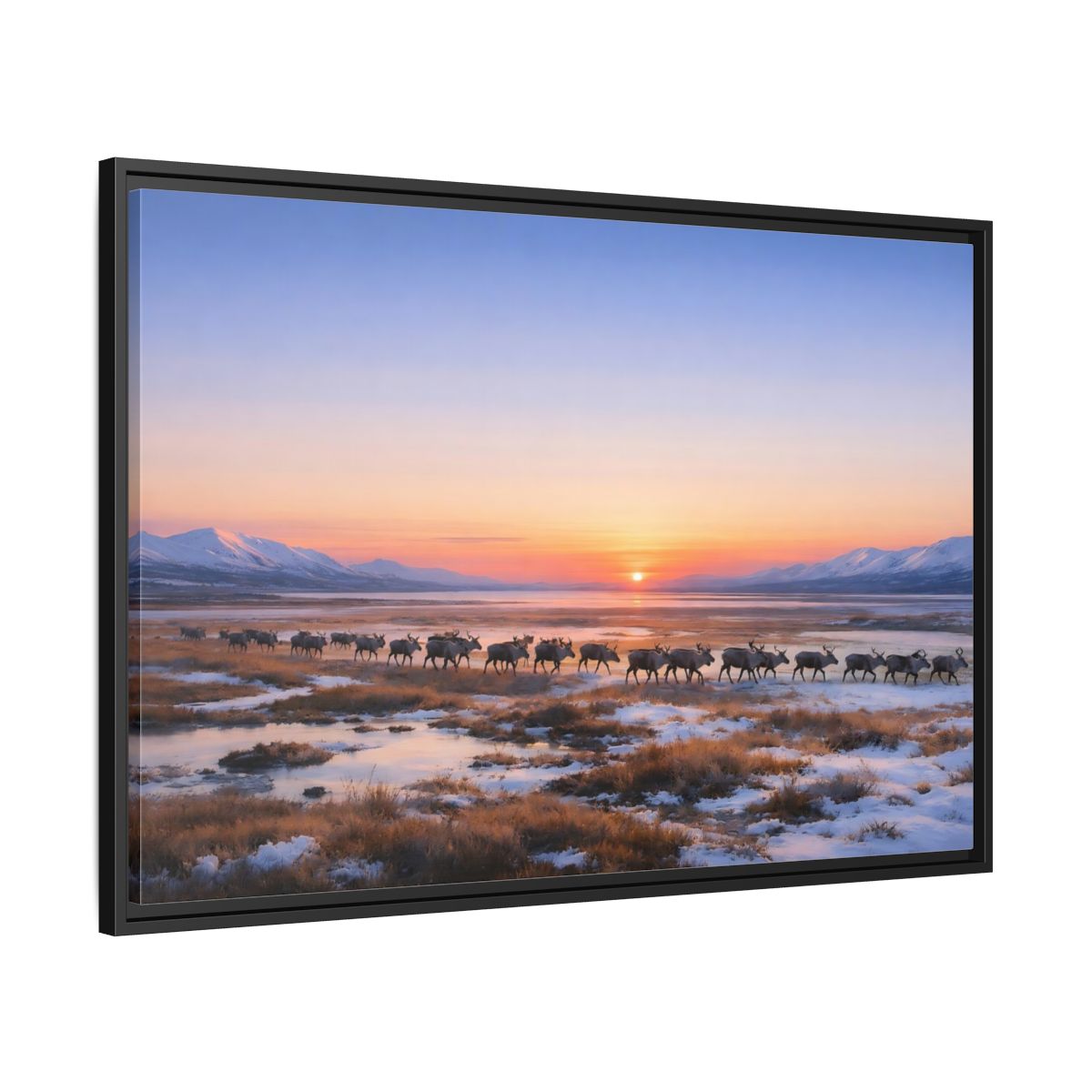 Side Mockup 13. Nature Reindeer Reindeer Sunset Winter shown as stretched canvas wall art