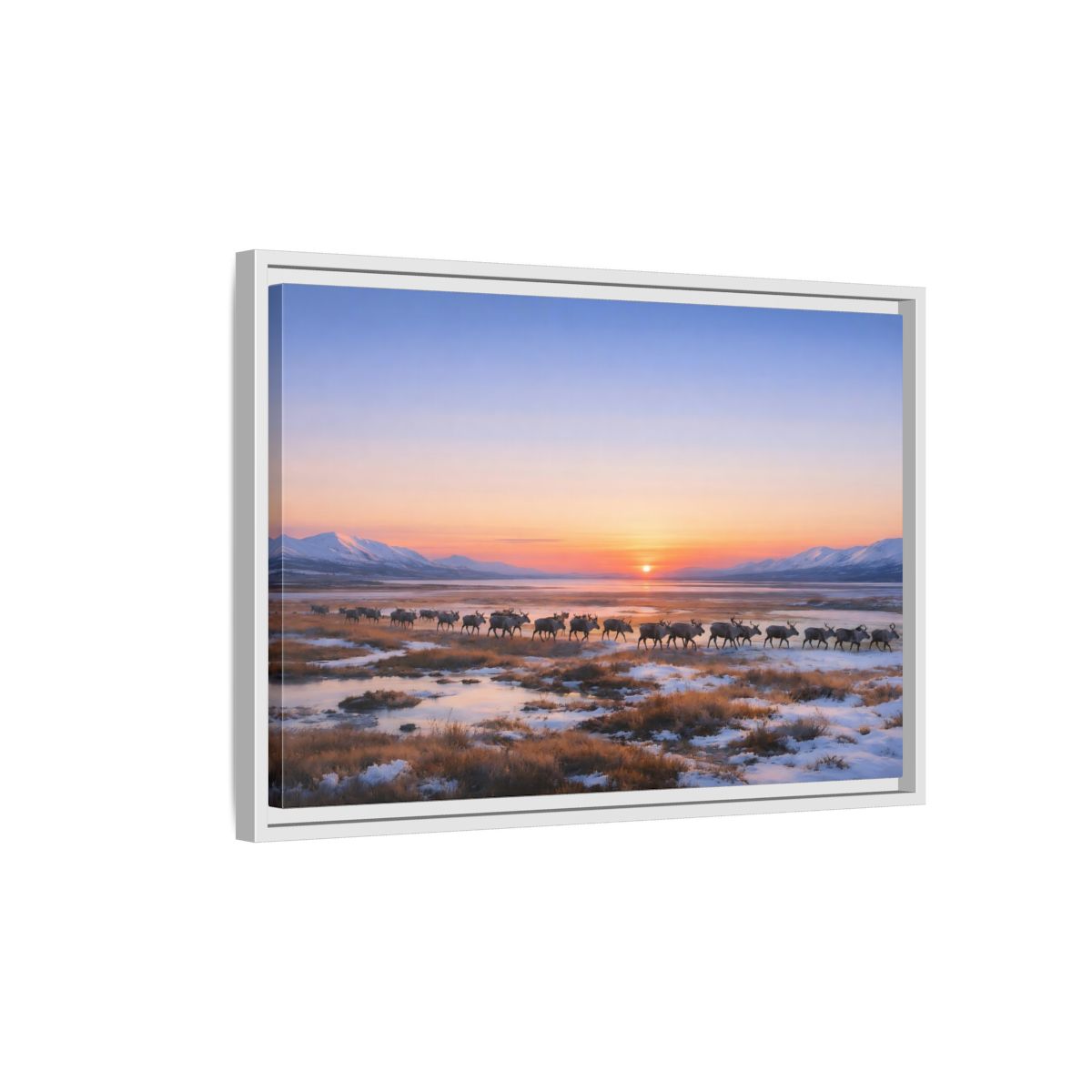 Side Mockup 1. Nature Reindeer Reindeer Sunset Winter shown as stretched canvas wall art