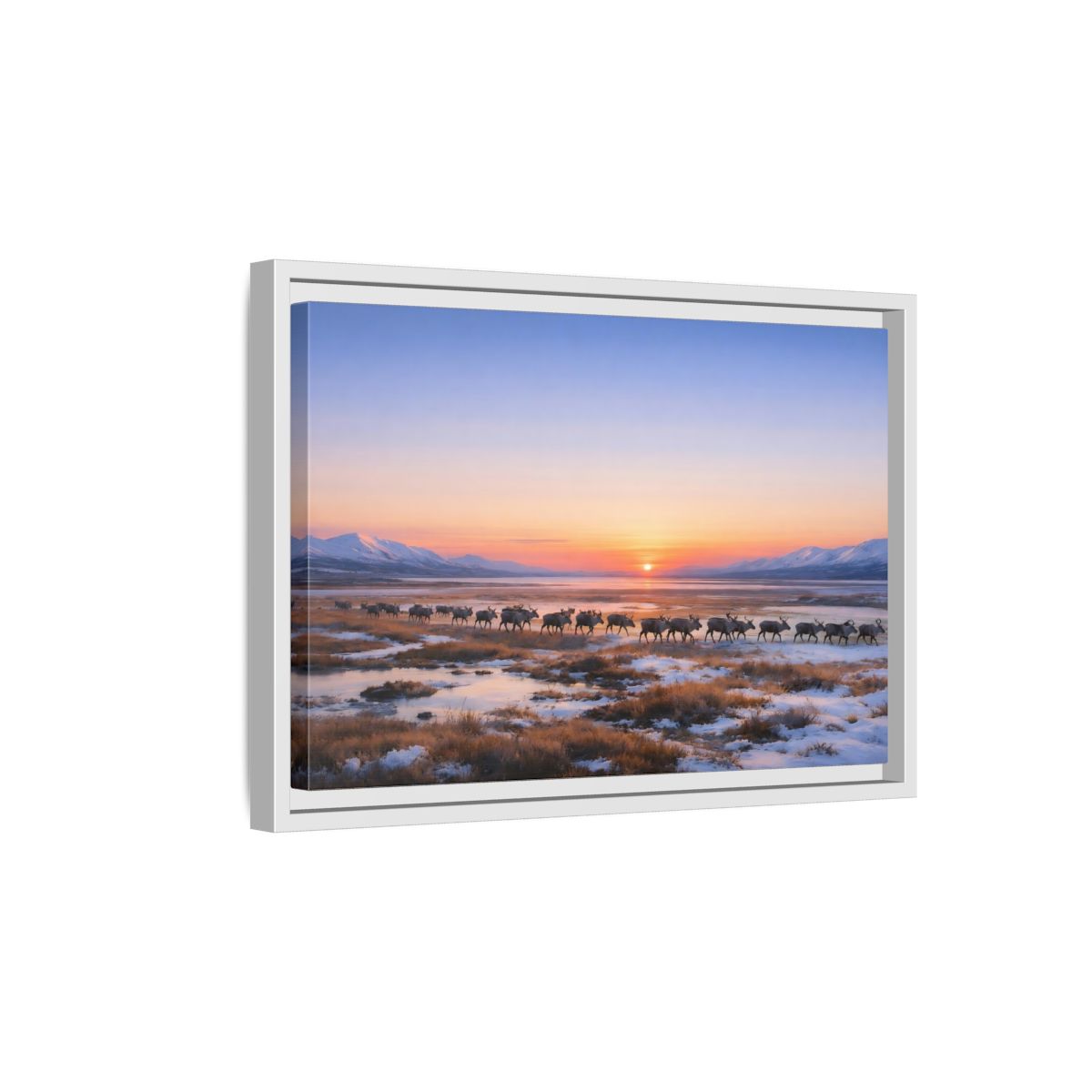 Side Mockup 4. Nature Reindeer Reindeer Sunset Winter shown as stretched canvas wall art
