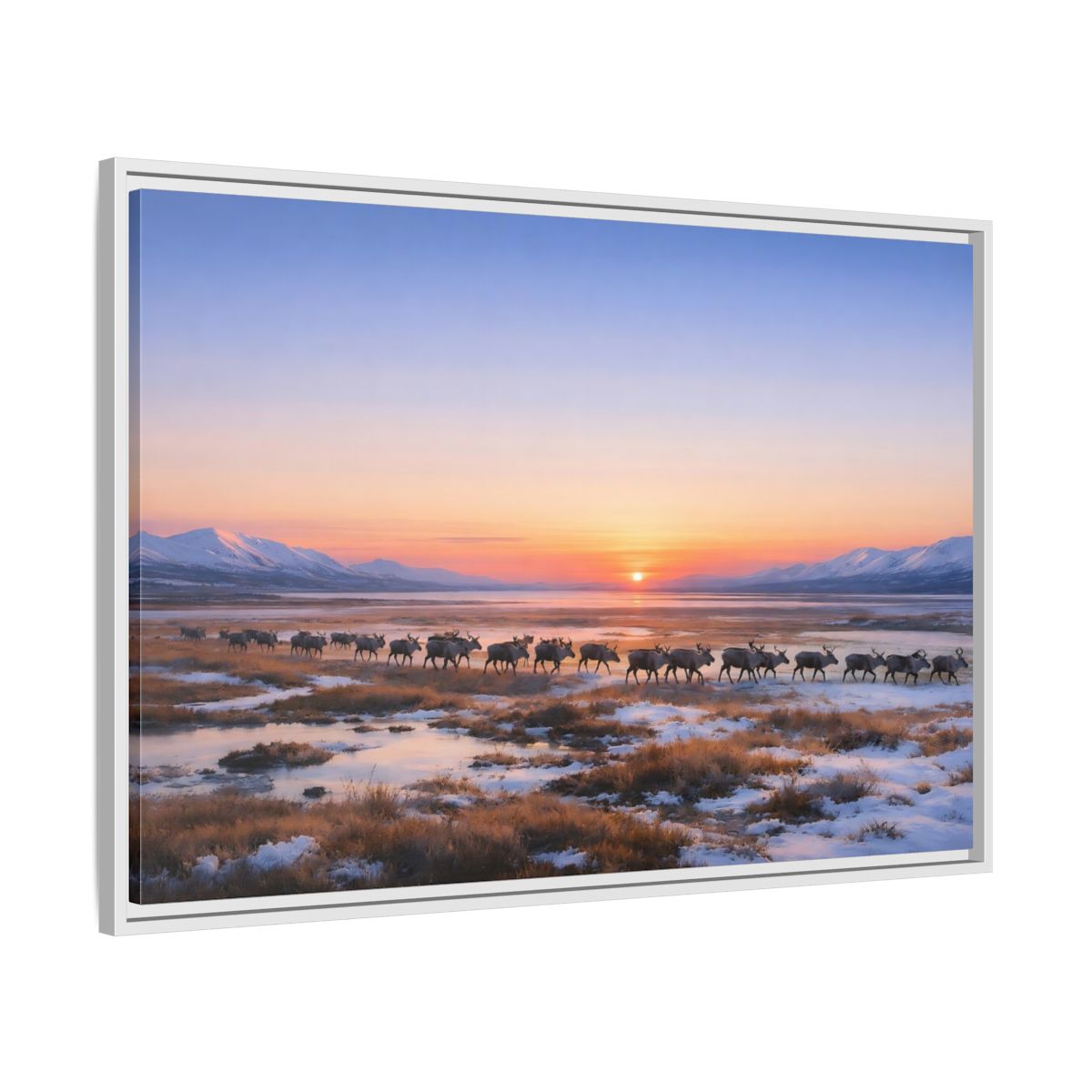 Side Mockup 9. Nature Reindeer Reindeer Sunset Winter shown as stretched canvas wall art