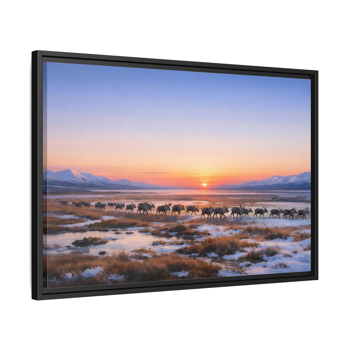 Side Mockup 14. Nature Reindeer Reindeer Sunset Winter shown as stretched canvas wall art