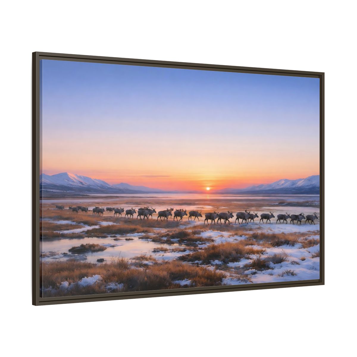 Side Mockup 8. Nature Reindeer Reindeer Sunset Winter shown as stretched canvas wall art