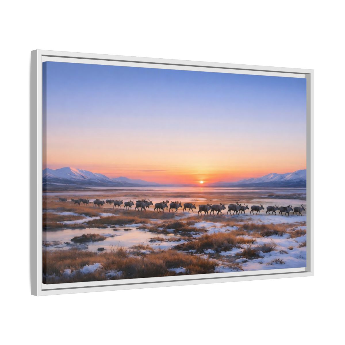 Side Mockup 10. Nature Reindeer Reindeer Sunset Winter shown as stretched canvas wall art