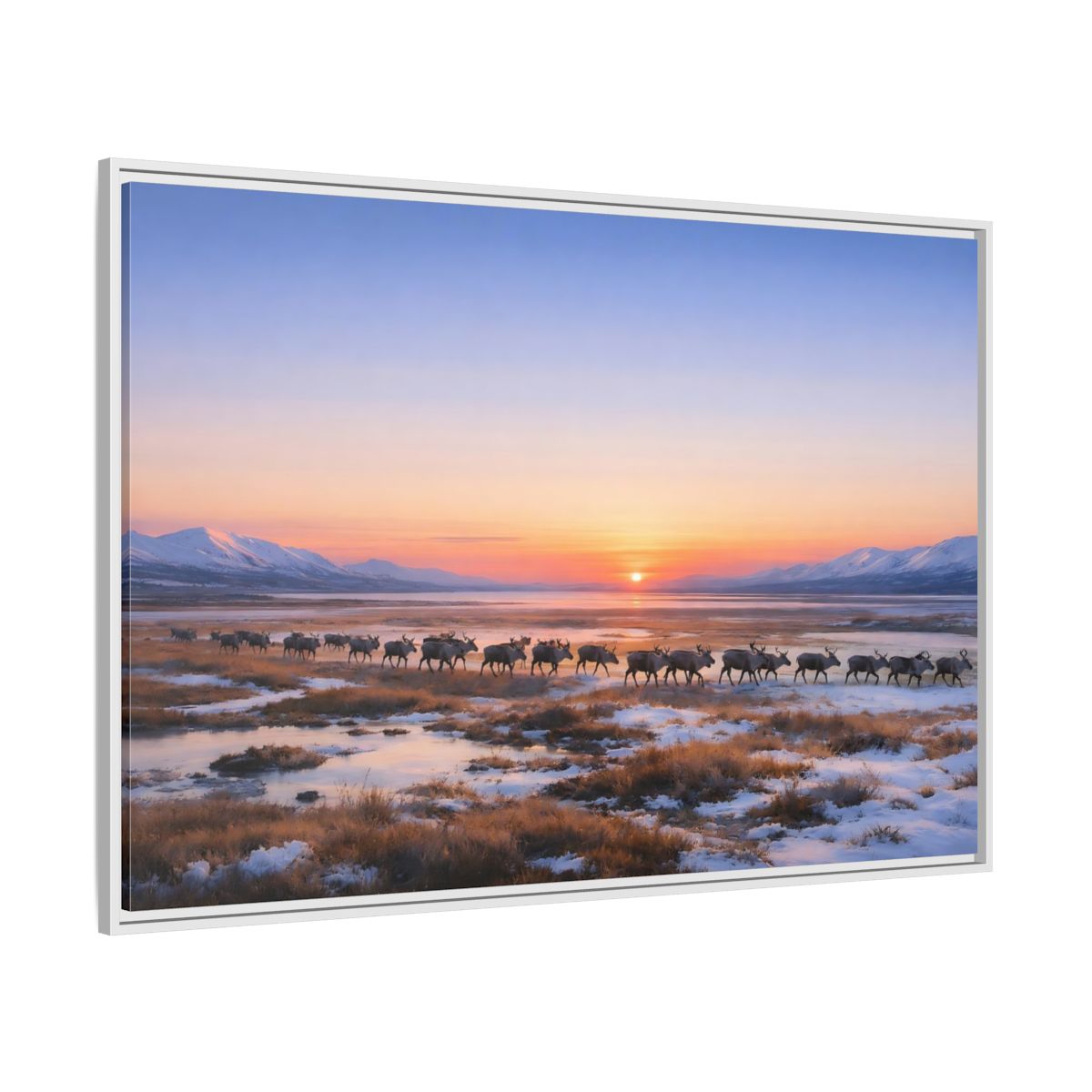 Side Mockup 7. Nature Reindeer Reindeer Sunset Winter shown as stretched canvas wall art