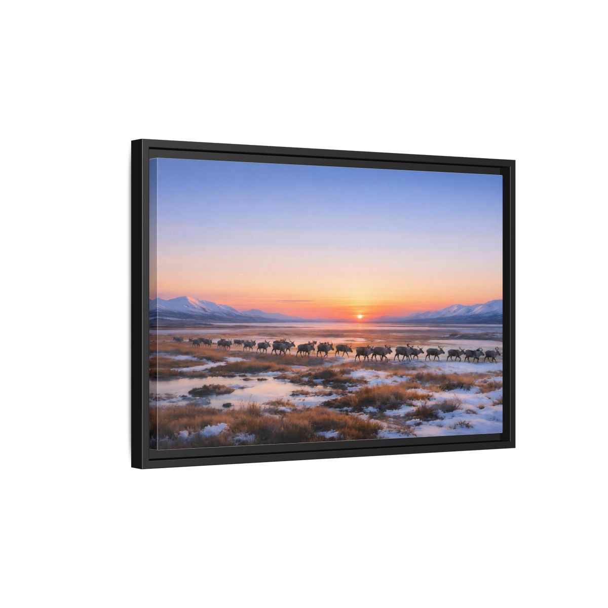 Side Mockup 3. Nature Reindeer Reindeer Sunset Winter shown as stretched canvas wall art